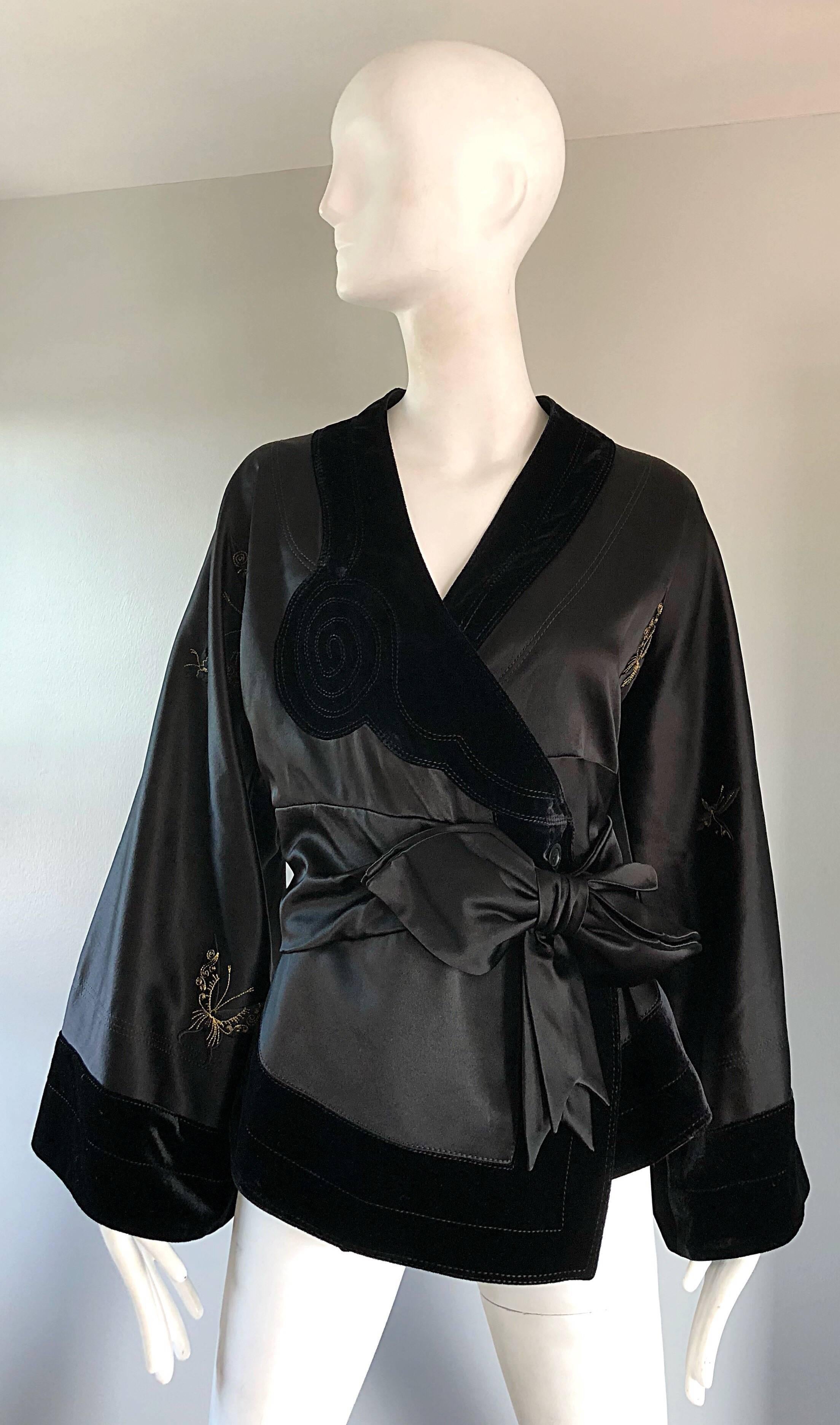 Gorgeous JOHN GALLIANO black silk wrap kimono jacket! Gold embroidered butterflies sewn throughout the front, back and sleeves. 
Couture grade quality, with so much attention to detail. Ties at interior right side waist, with button closure behind