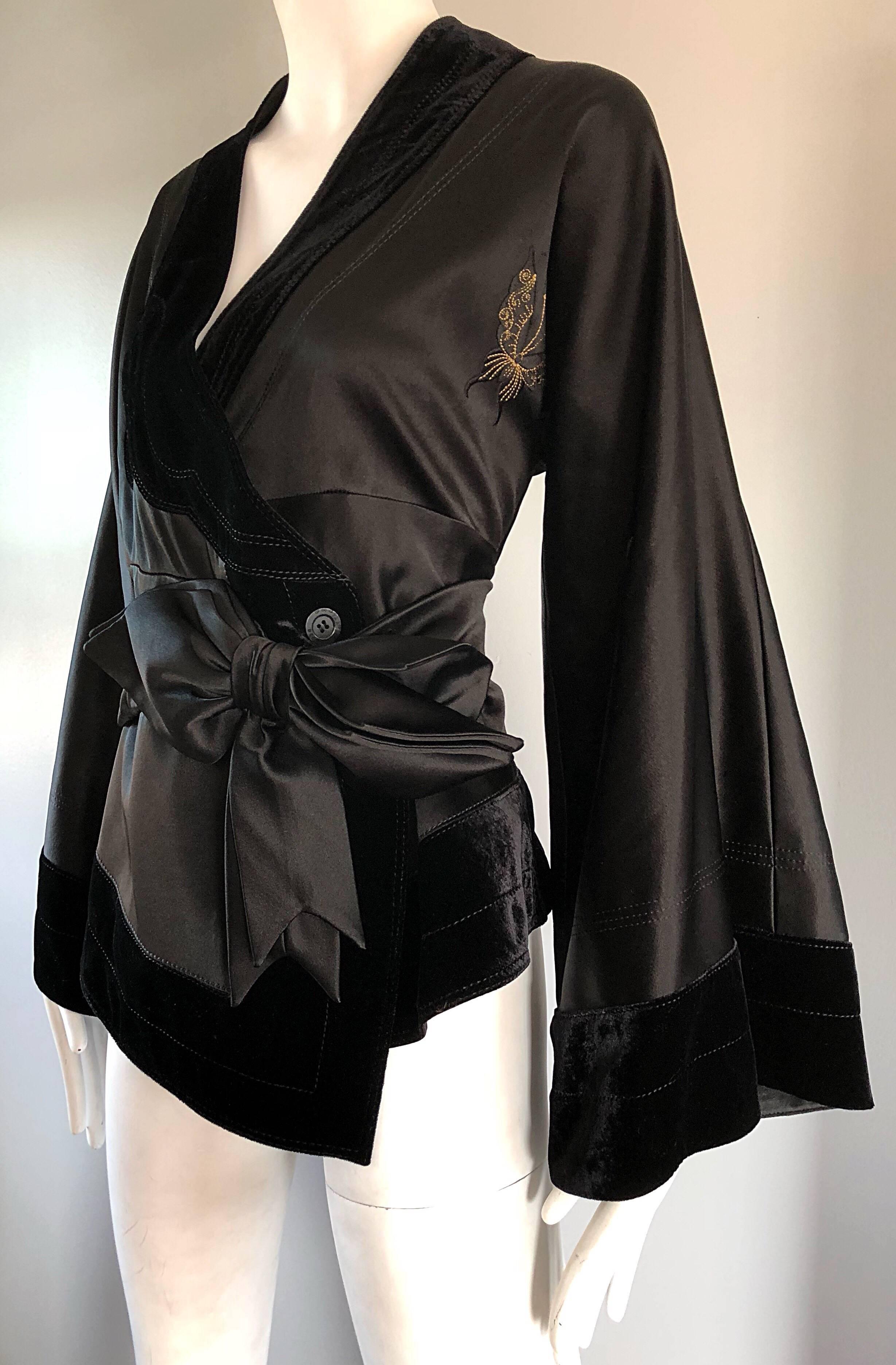 New John Galliano Black Silk Satin Size 12 Kimono Jacket w/ Gold Butterflies  In Excellent Condition In San Diego, CA