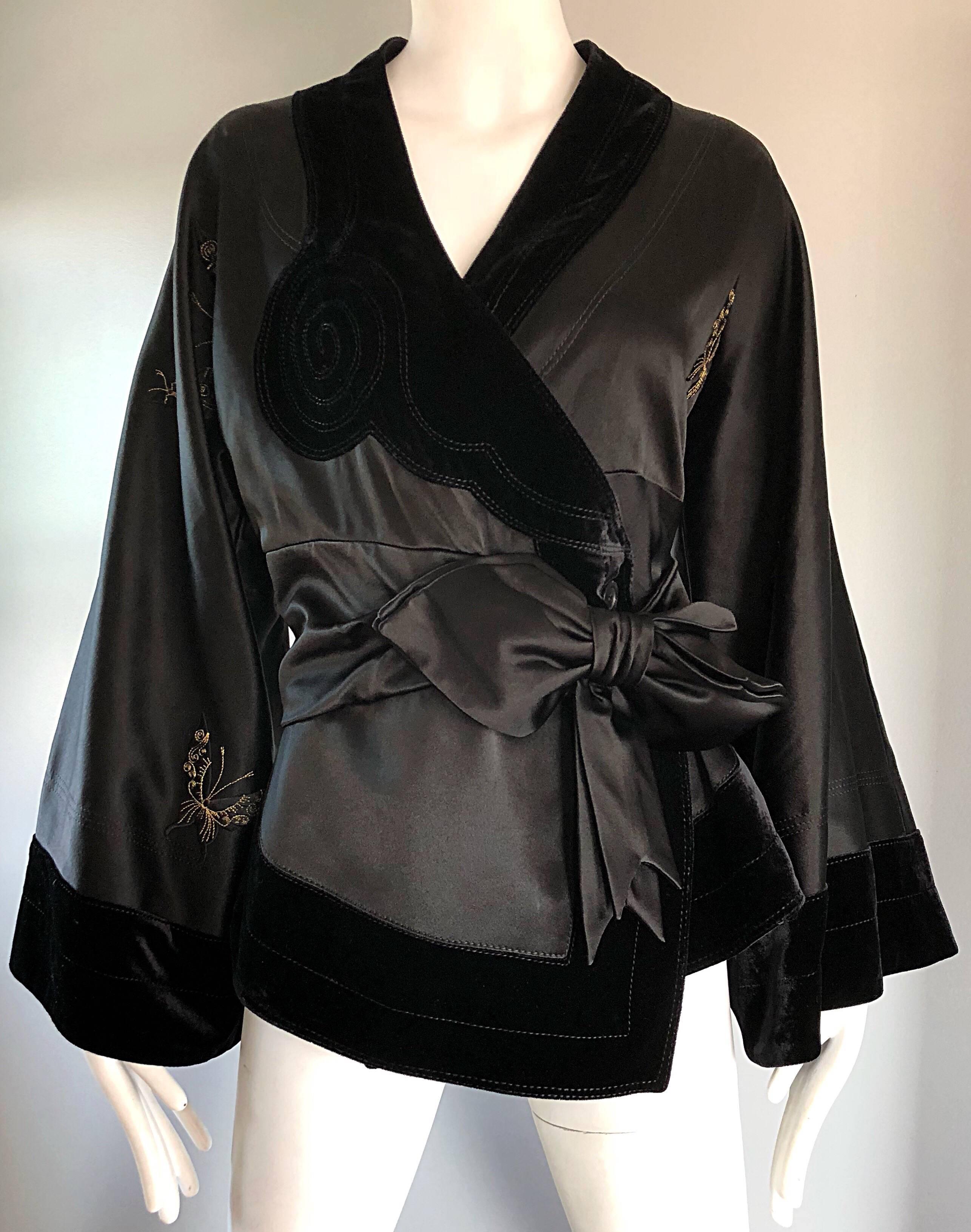 Women's New John Galliano Black Silk Satin Size 12 Kimono Jacket w/ Gold Butterflies 