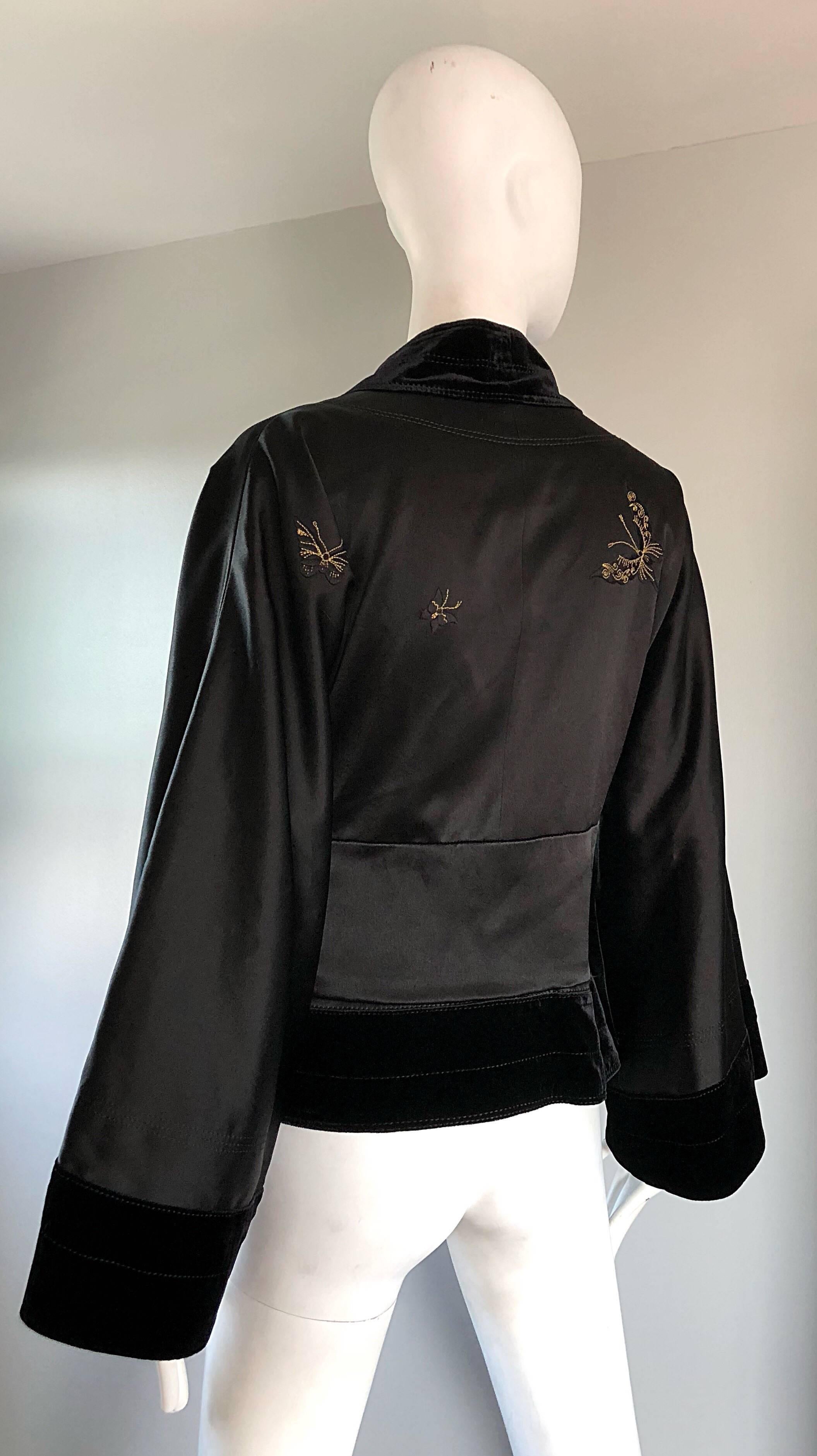 New John Galliano Black Silk Satin Size 12 Kimono Jacket w/ Gold Butterflies  1