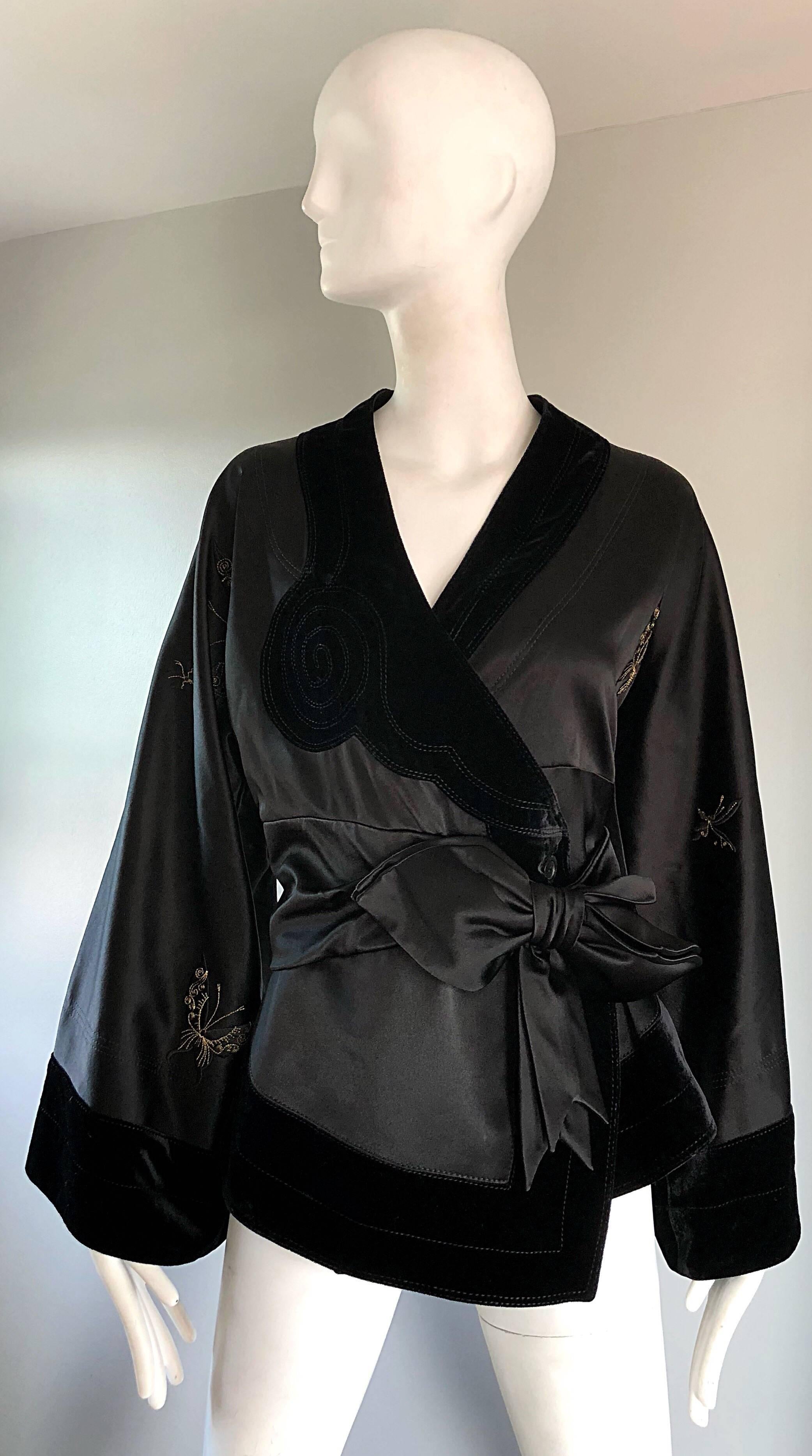 New John Galliano Black Silk Satin Size 12 Kimono Jacket w/ Gold Butterflies  2