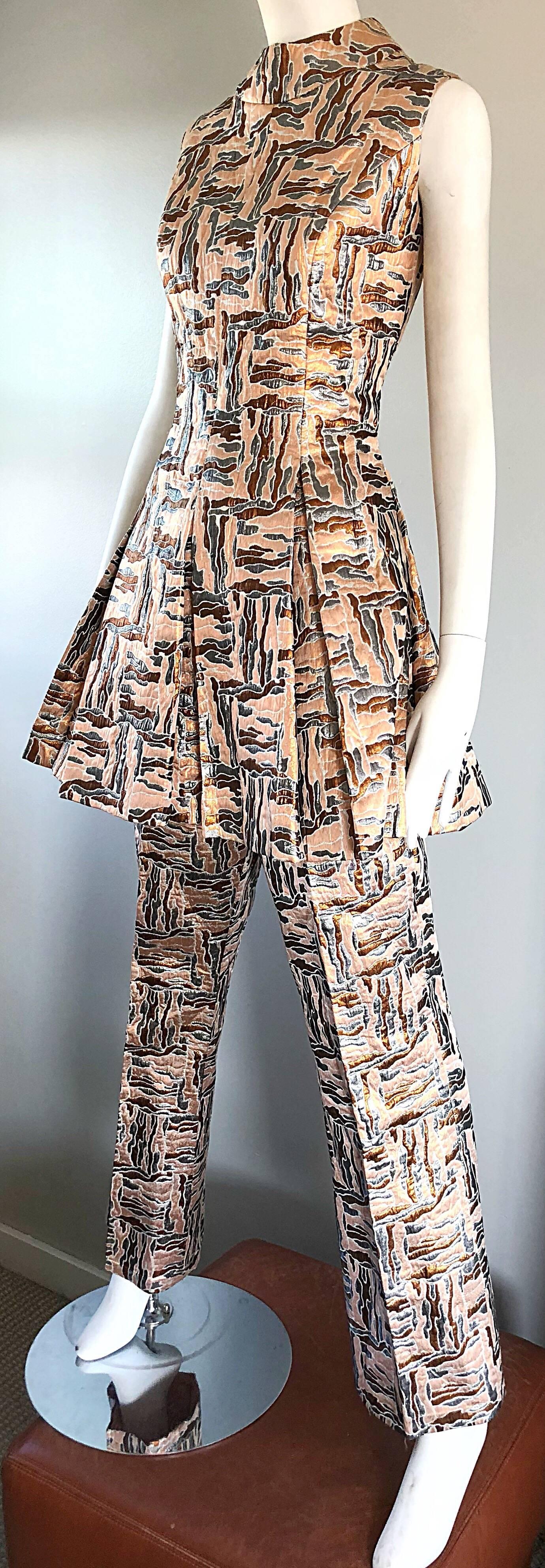 Women's 1960s Demi Couture Silver + Bronze Silk Brocade Tunic + Flare Leg Pants Ensemble