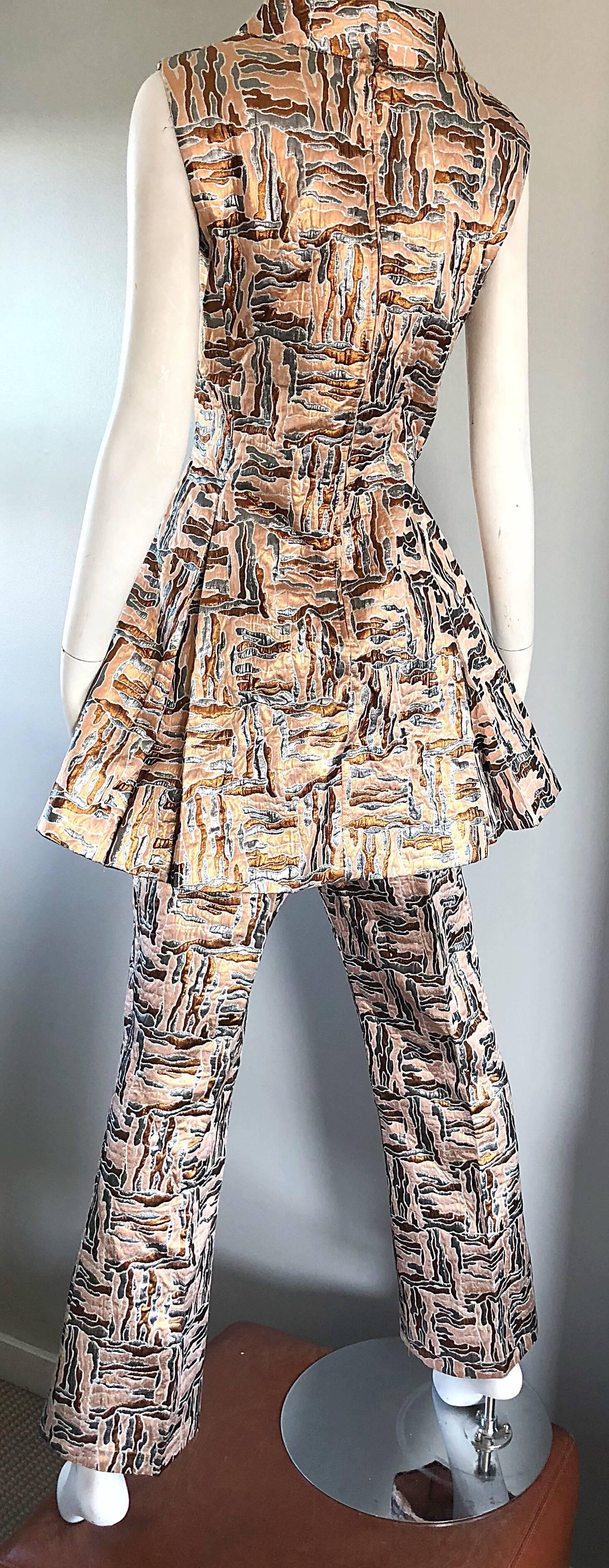 1960s Demi Couture Silver + Bronze Silk Brocade Tunic + Flare Leg Pants Ensemble 4
