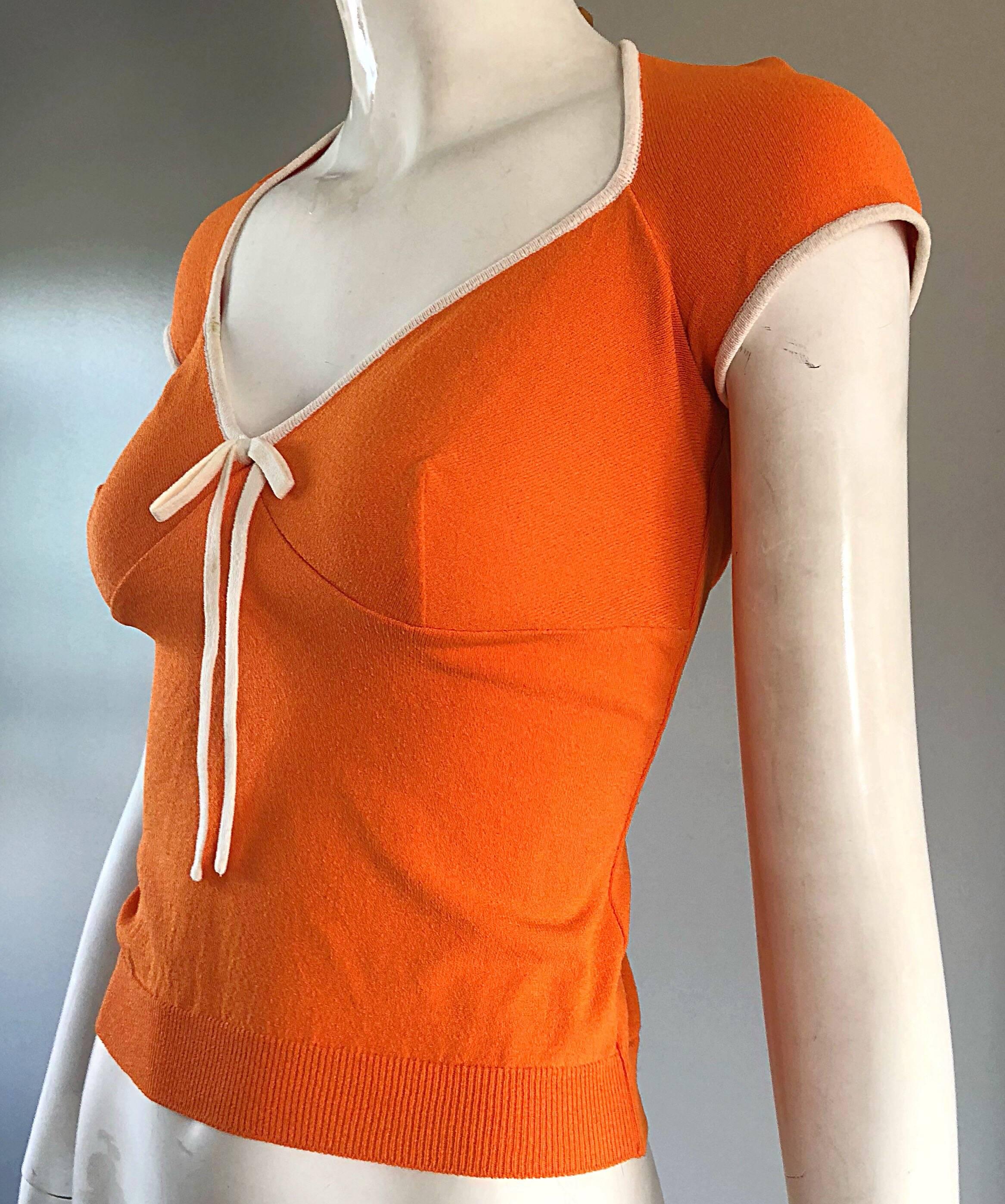 1990s Moschino Cheap & Chic Orange + White Vintage Cap Sleeve 90s Blouse Top In Excellent Condition In San Diego, CA