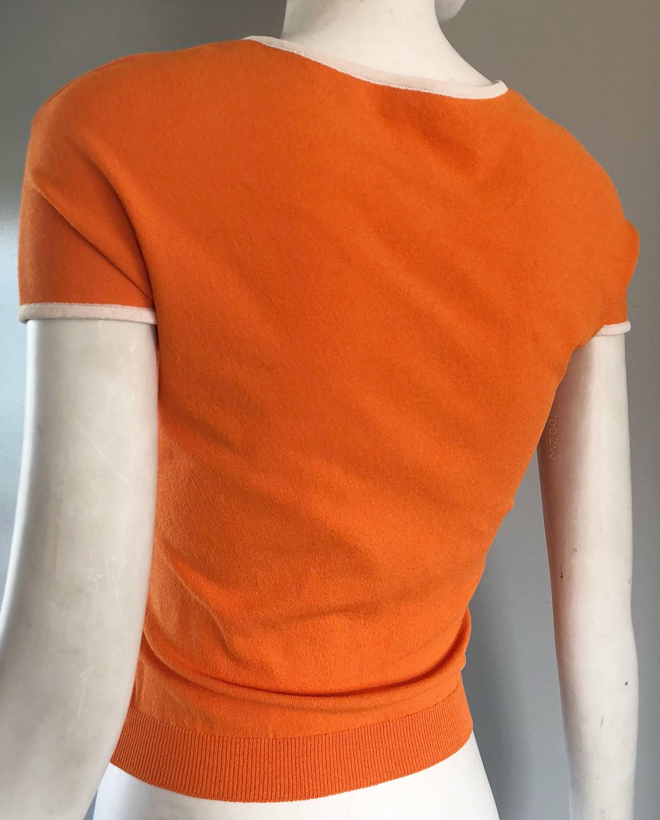 1990s Moschino Cheap & Chic Orange + White Vintage Cap Sleeve 90s Blouse Top 1
