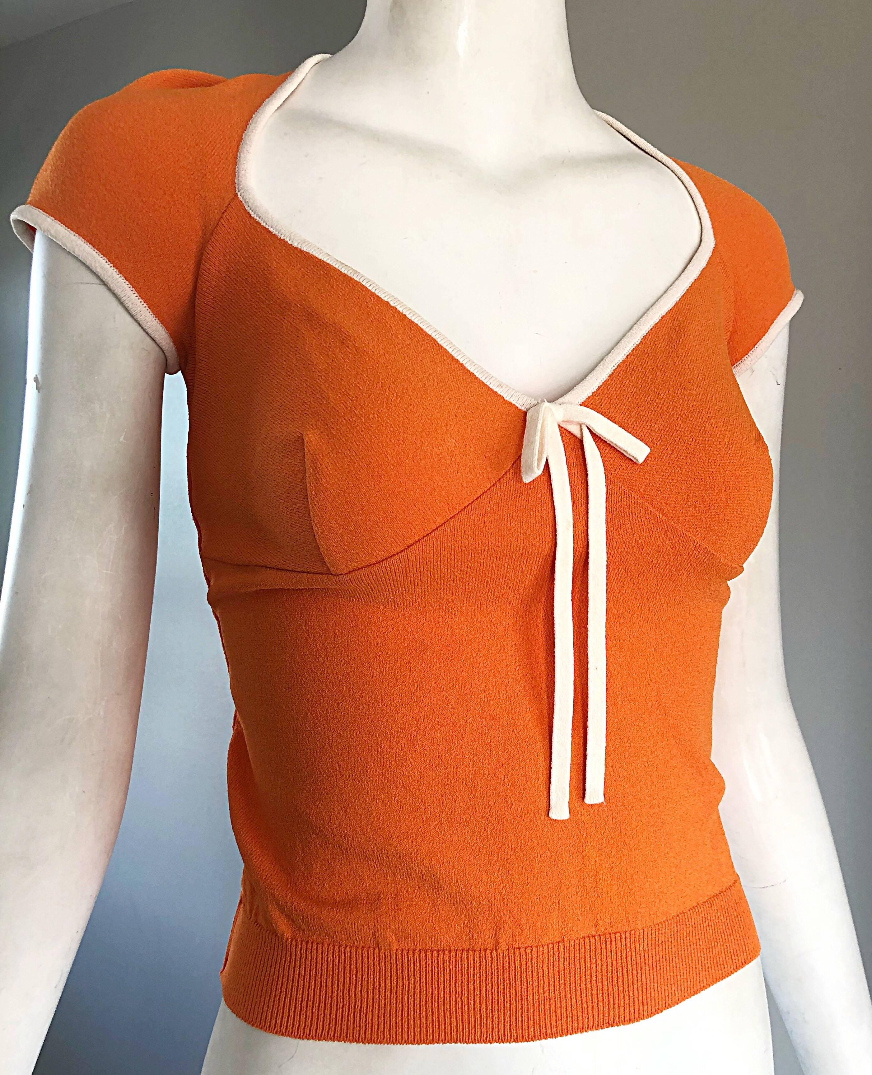 1990s Moschino Cheap & Chic Orange + White Vintage Cap Sleeve 90s Blouse Top 2