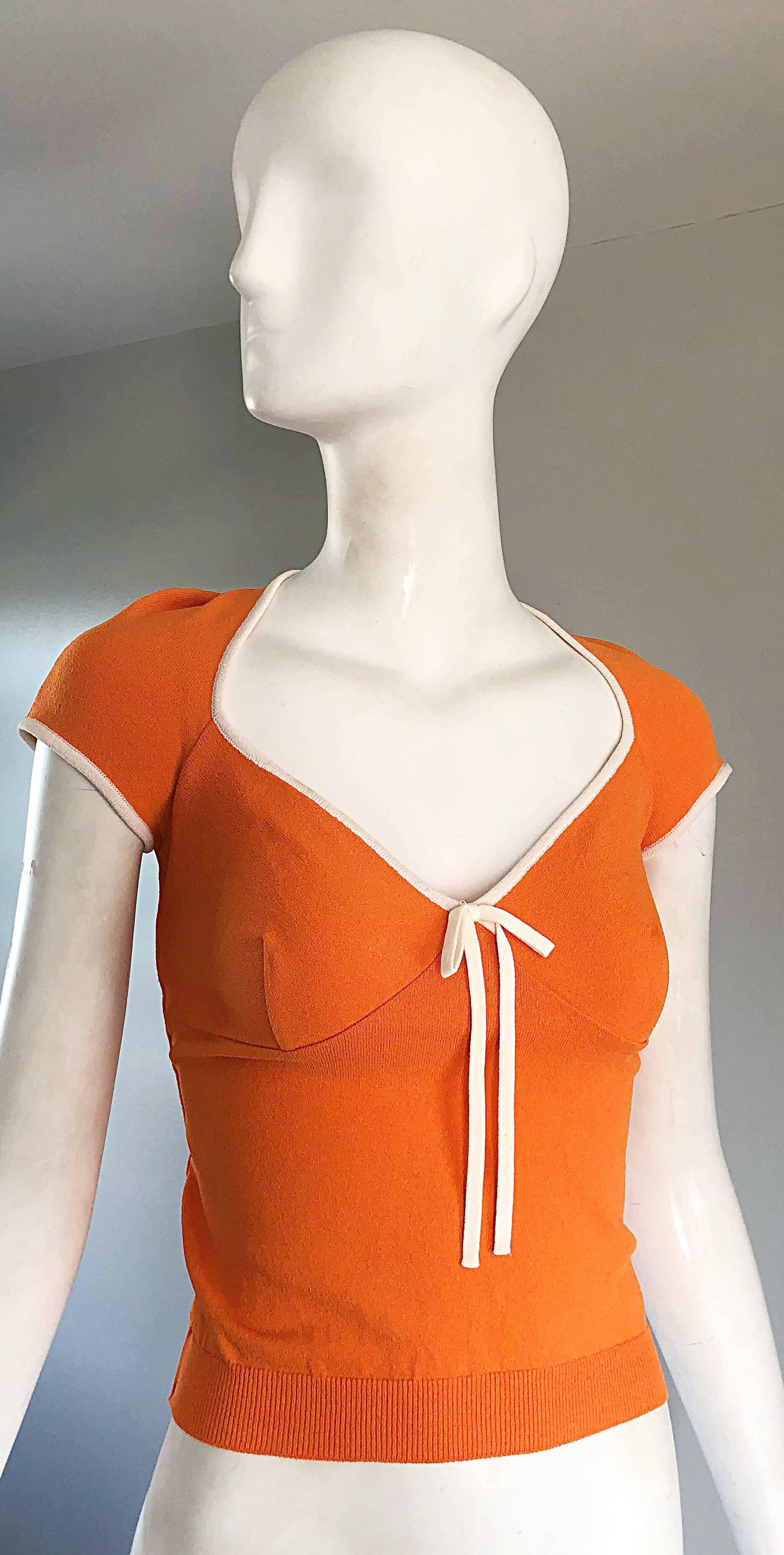 1990s Moschino Cheap & Chic Orange + White Vintage Cap Sleeve 90s Blouse Top 3