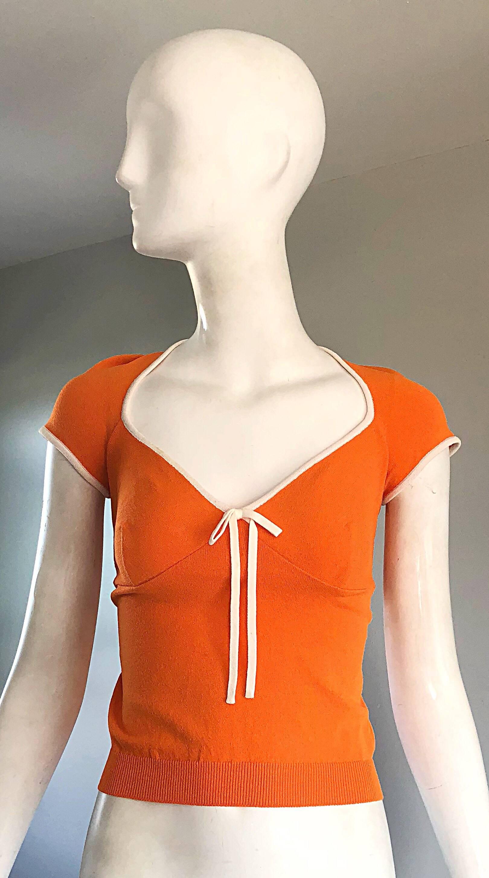 1990s Moschino Cheap & Chic Orange + White Vintage Cap Sleeve 90s Blouse Top 4