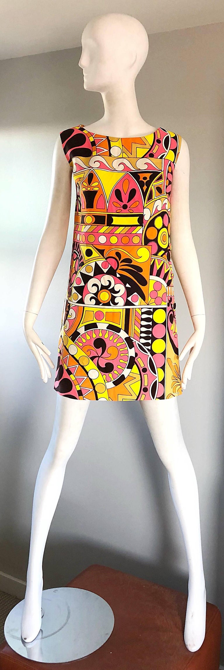 1960s Saks 5th Avenue Mod Kaleidoscope Print Pucci Style Vintage 60s Amazing 1960s Saks Fifth Avenue Kaleidoscope Mosaic Print Colorful Shift Mini Dress Features Geometric Shapes