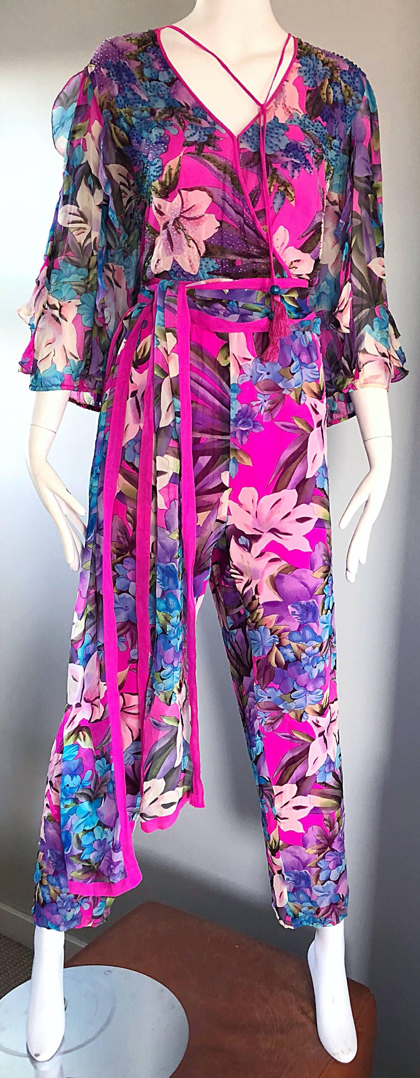 Amazing Vintage Diane Freis Silk Chiffon Beaded Pink Jumpsuit and Head ...