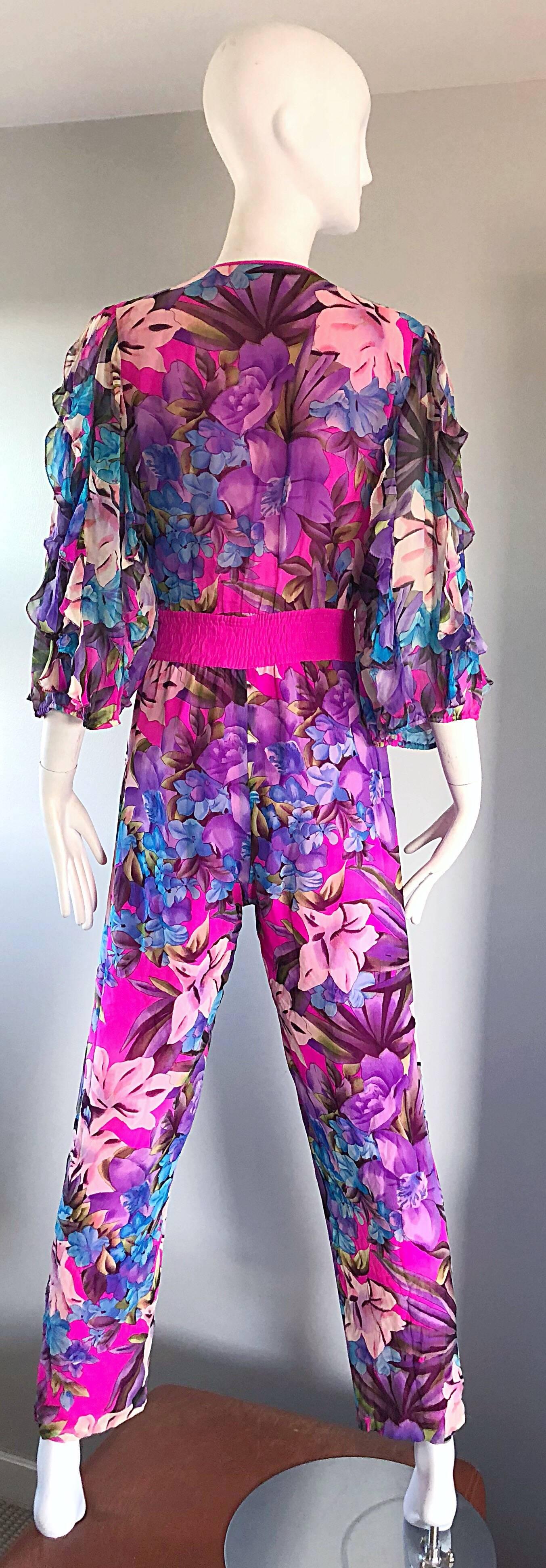 Amazing Vintage Diane Freis Silk Chiffon Beaded Pink Jumpsuit & Head Scarf Sash  In Good Condition In San Diego, CA