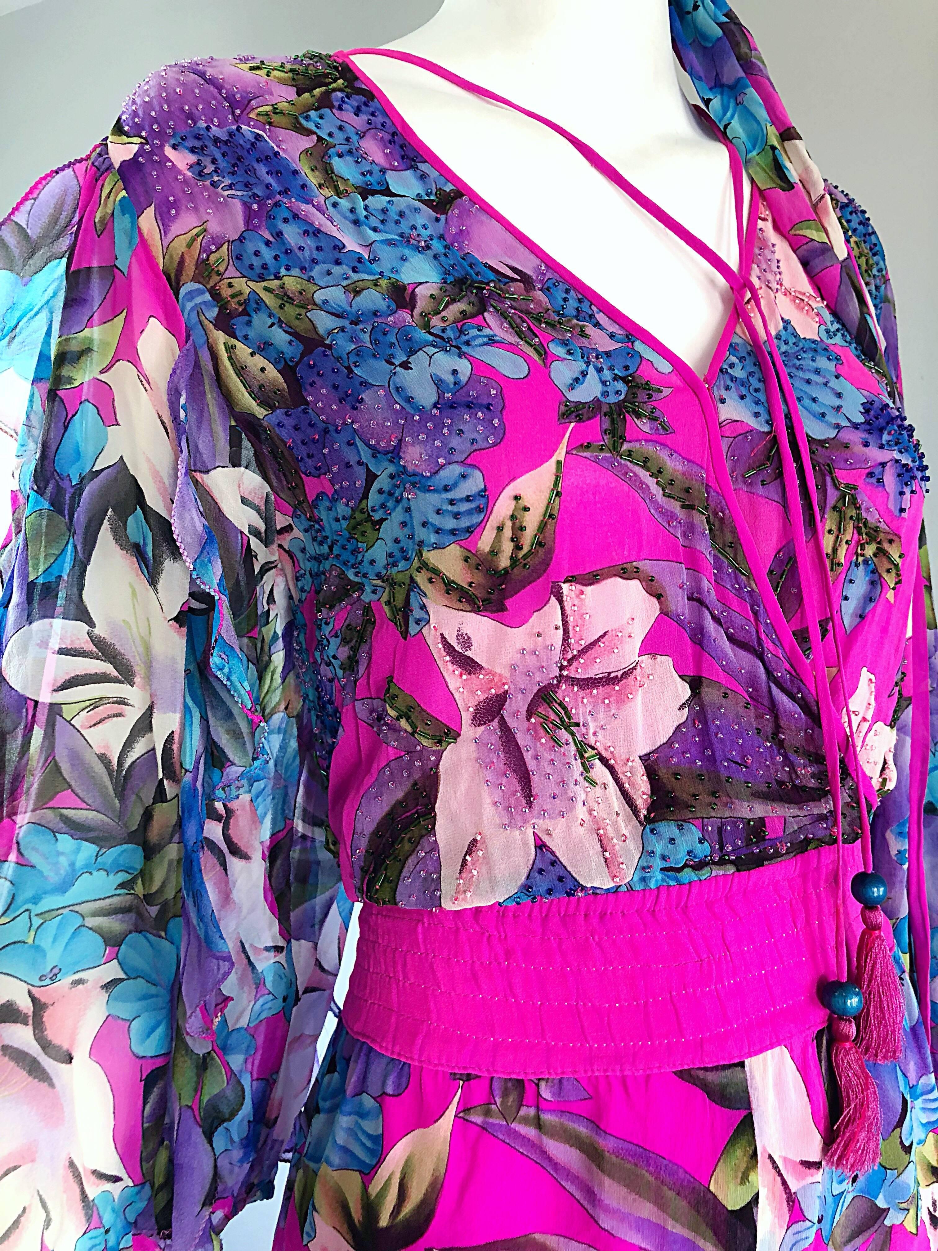 Amazing Vintage Diane Freis Silk Chiffon Beaded Pink Jumpsuit & Head Scarf Sash  1