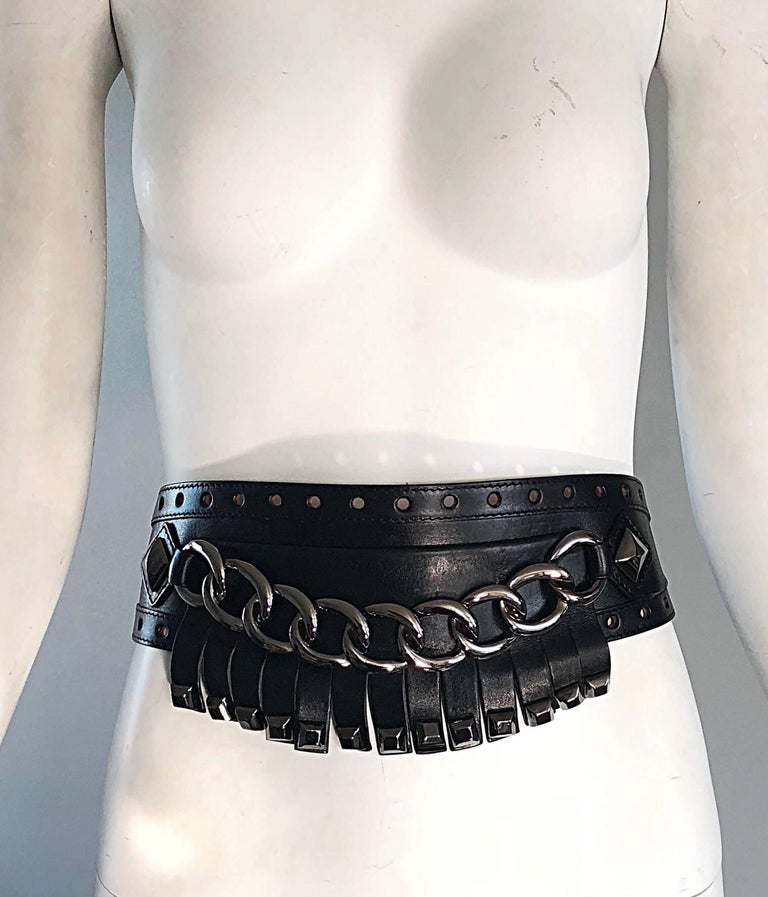 Leather and Gunmetal Chain Link Belt 2000s Michael Kors Collection Black Gunmetal Chain Link Wide  main image 4