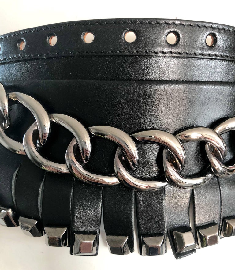 Leather and Gunmetal Chain Link Belt 2000s Michael Kors Collection Black Gunmetal Chain Link Wide  main image 3