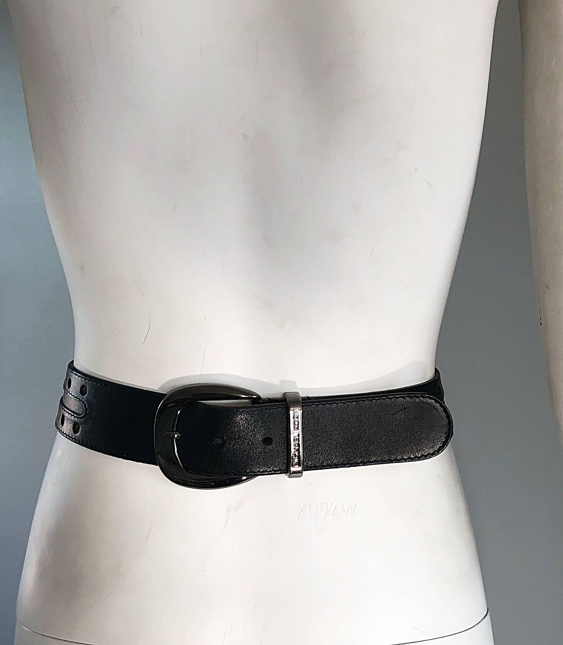 2000s Michael Kors Collection Black Gunmetal Chain Link Wide Leather Belt For Sale 1
