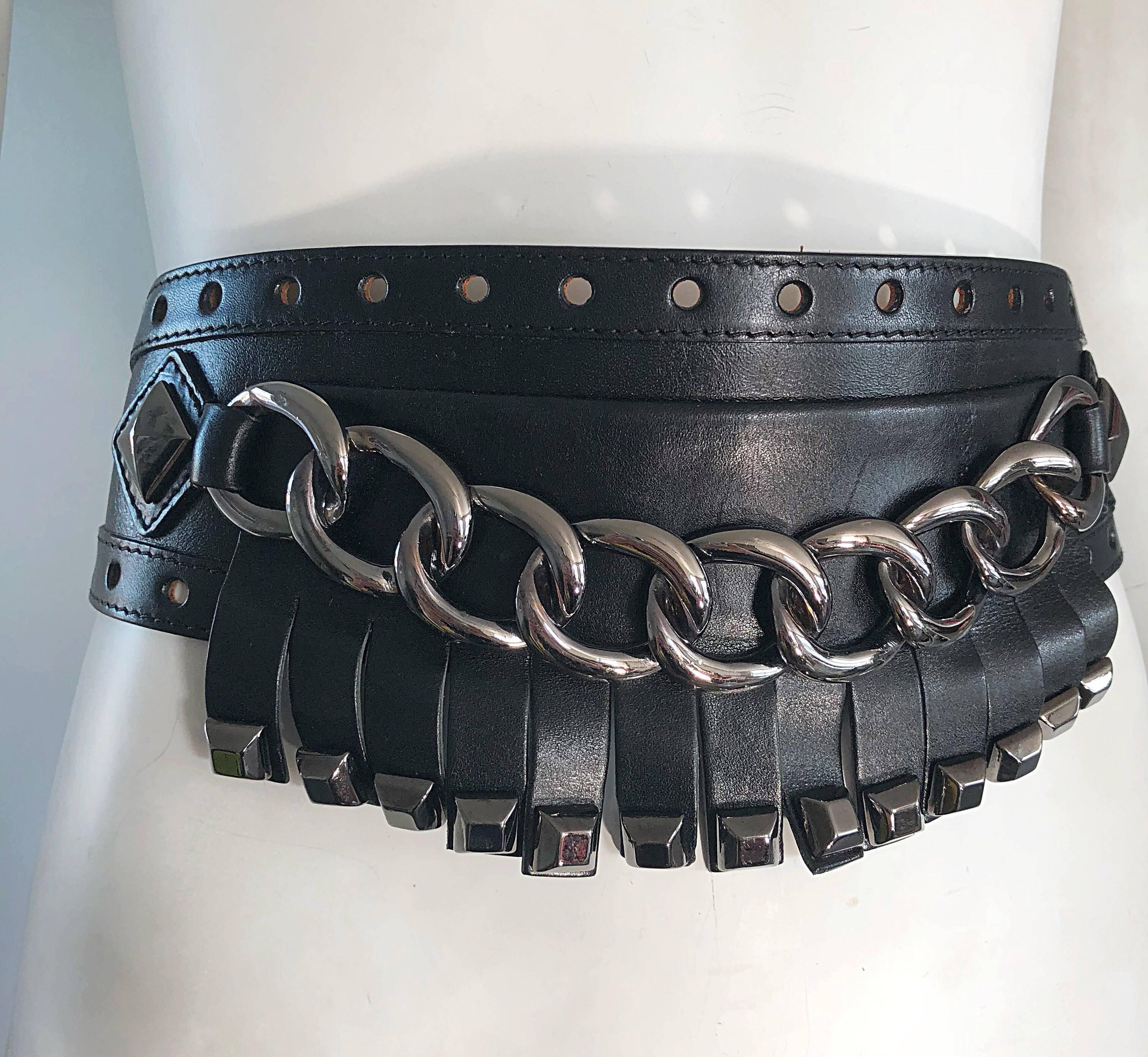 Michael Kors Collection Black and Gunmetal Chain Link Wide Leather Belt 2