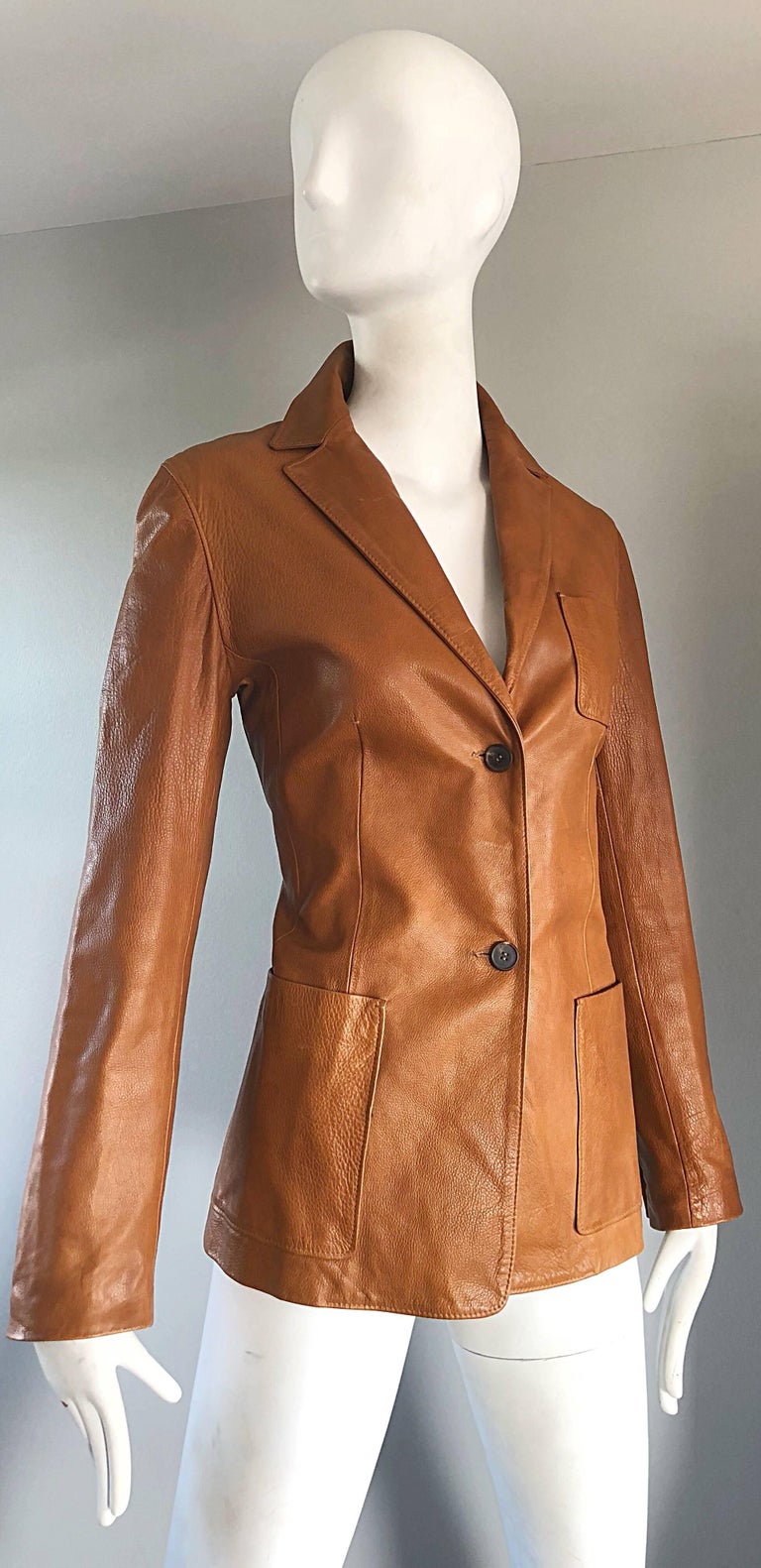 Jil Sander Camel Tan Brown Leather Size 38 Vintage Fitted Blazer Jacket