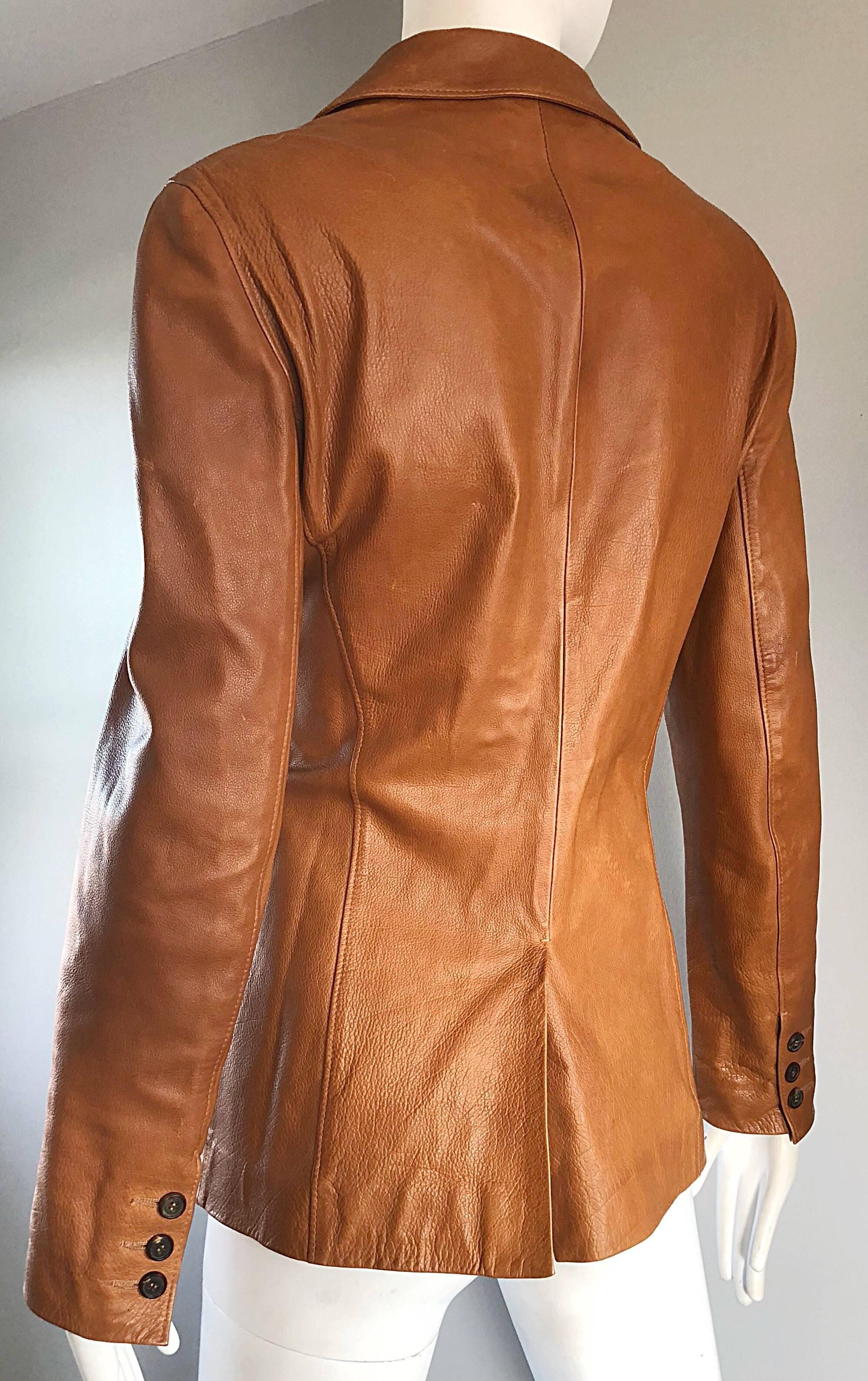 Women's or Men's Jil Sander Camel Tan Brown Leather Size 38 Vintage Fitted Blazer Jacket, 1990s
