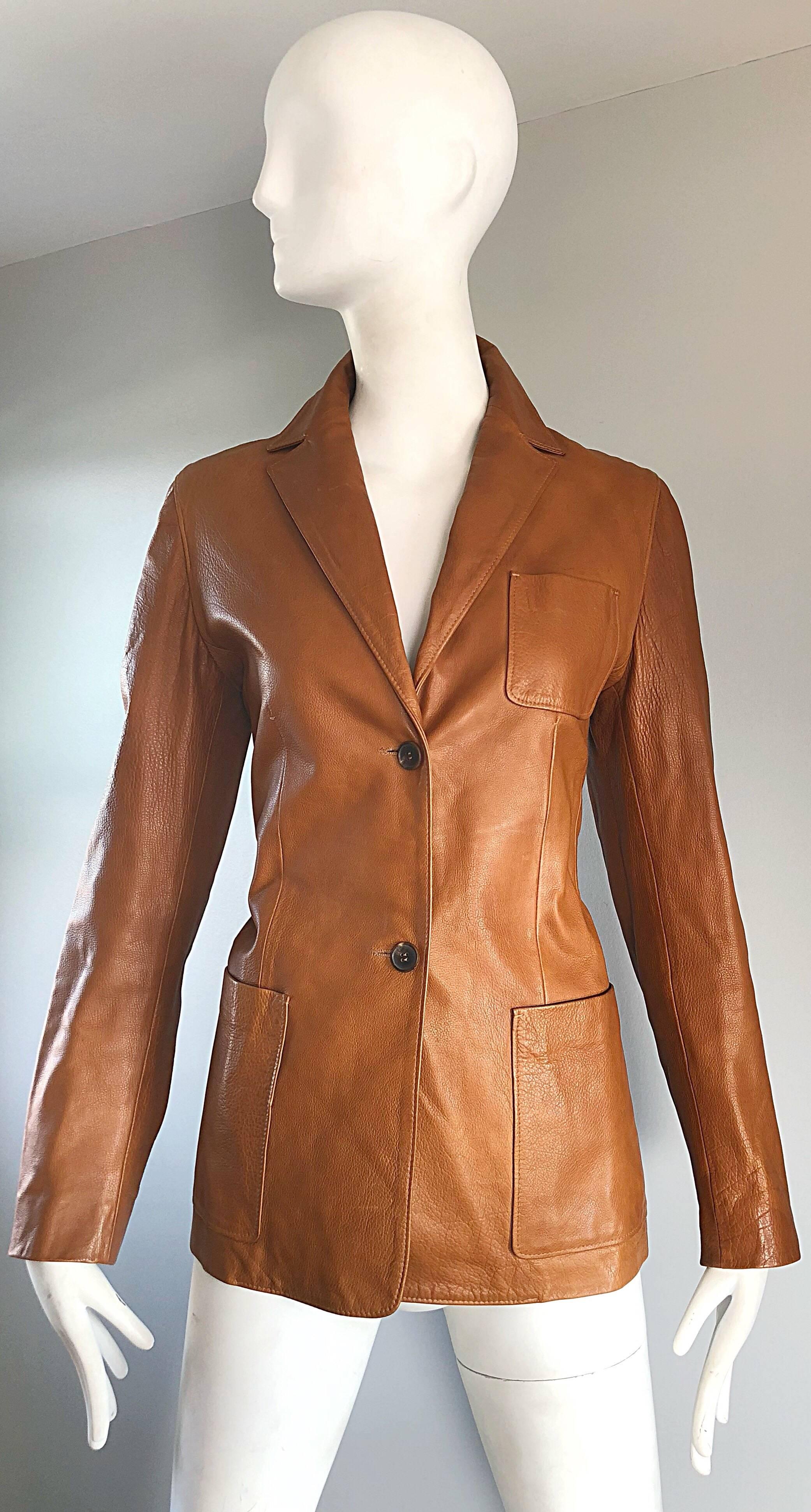 Jil Sander Camel Tan Brown Leather Size 38 Vintage Fitted Blazer Jacket, 1990s 1