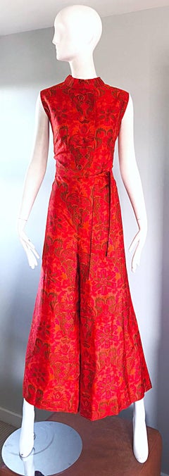 Amazing 1960s Wide Leg Palazzo Hot Pink + Orange Silk Vintage 60s Jumpsuit