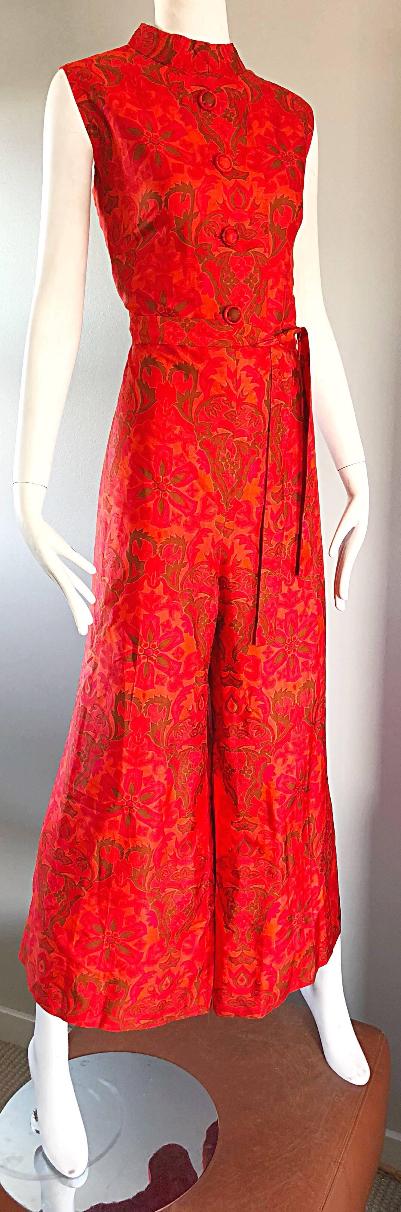 Red Amazing 1960s Wide Leg Palazzo Hot Pink + Orange Silk Vintage 60s Jumpsuit  For Sale