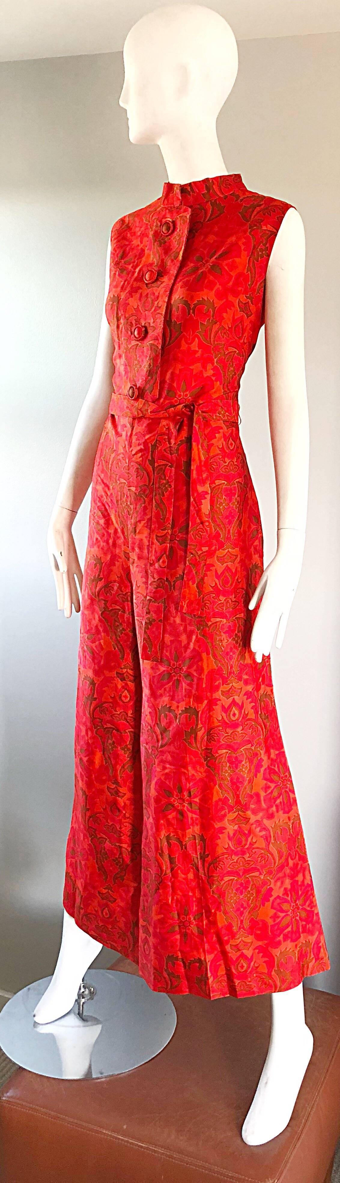 Amazing 1960s Wide Leg Palazzo Hot Pink + Orange Silk Vintage 60s Jumpsuit  In Excellent Condition For Sale In San Diego, CA