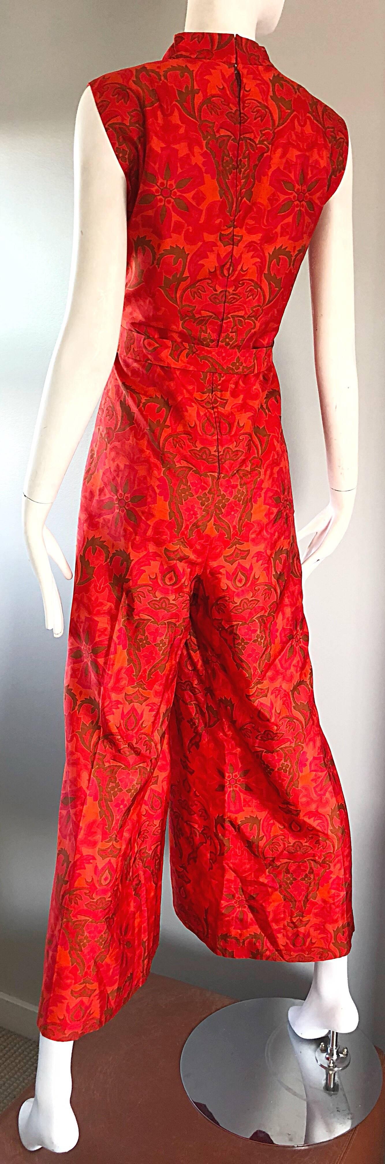 Women's Amazing 1960s Wide Leg Palazzo Hot Pink + Orange Silk Vintage 60s Jumpsuit  For Sale