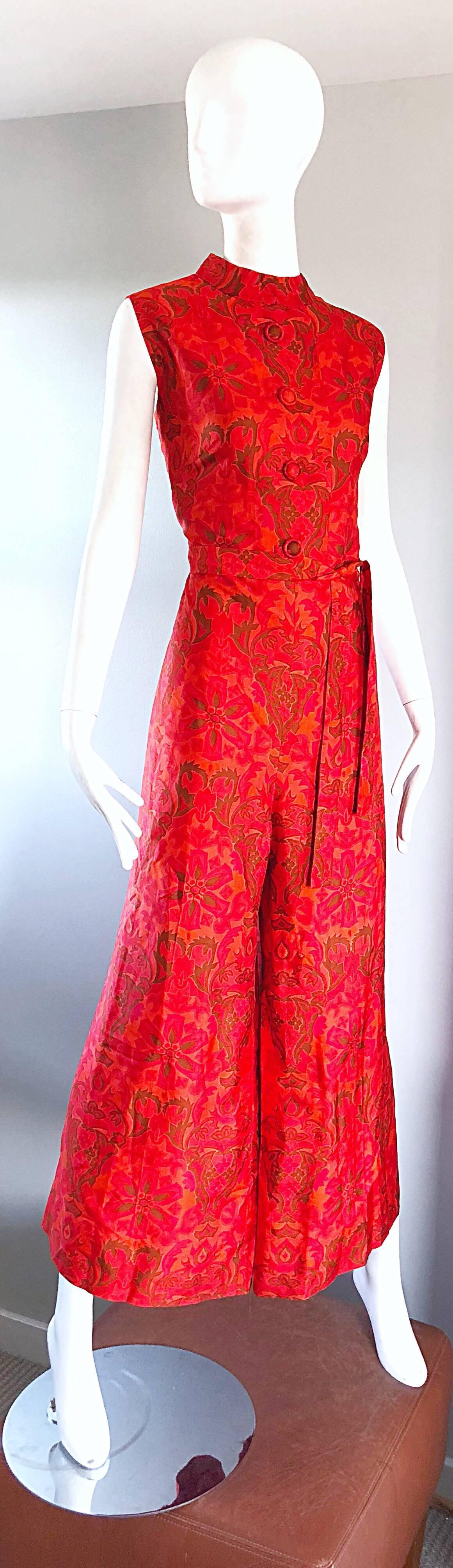 Amazing 1960s Wide Leg Palazzo Hot Pink + Orange Silk Vintage 60s Jumpsuit  For Sale 1