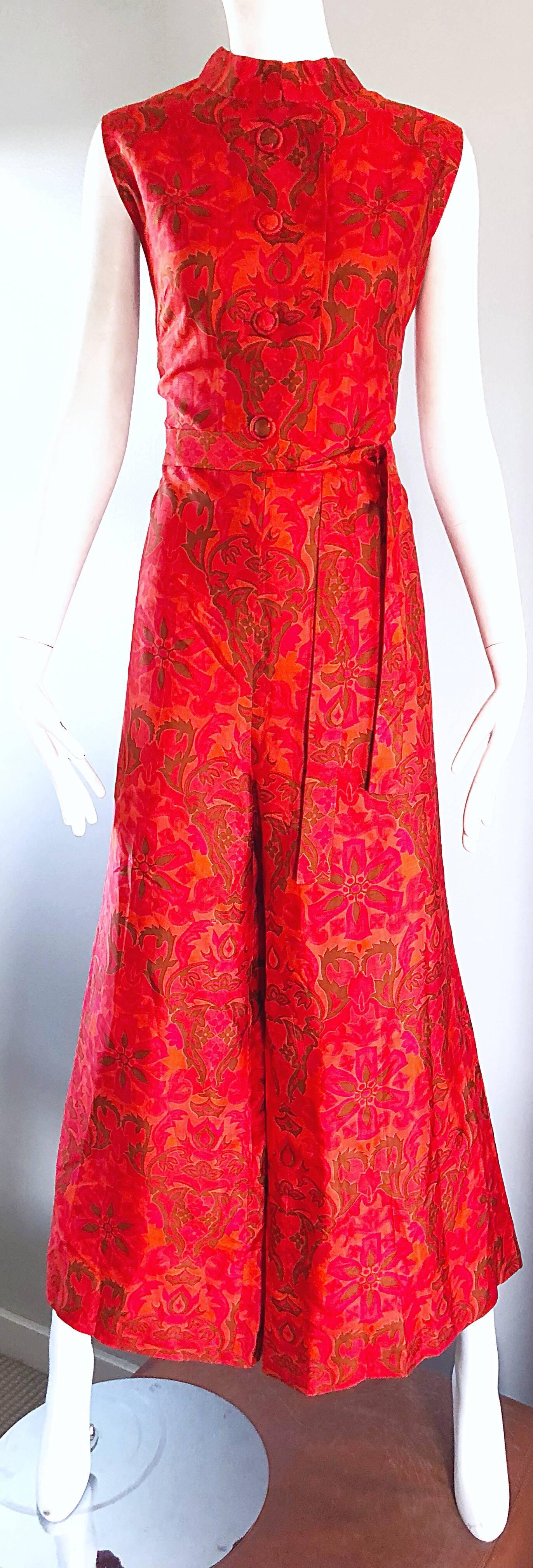 Amazing 1960s Wide Leg Palazzo Hot Pink + Orange Silk Vintage 60s Jumpsuit  For Sale 2