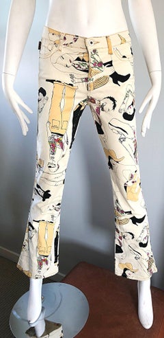 Moschino Vintage Flare Leg Novelty Print Size 26 Trousers Jeans, 1990s