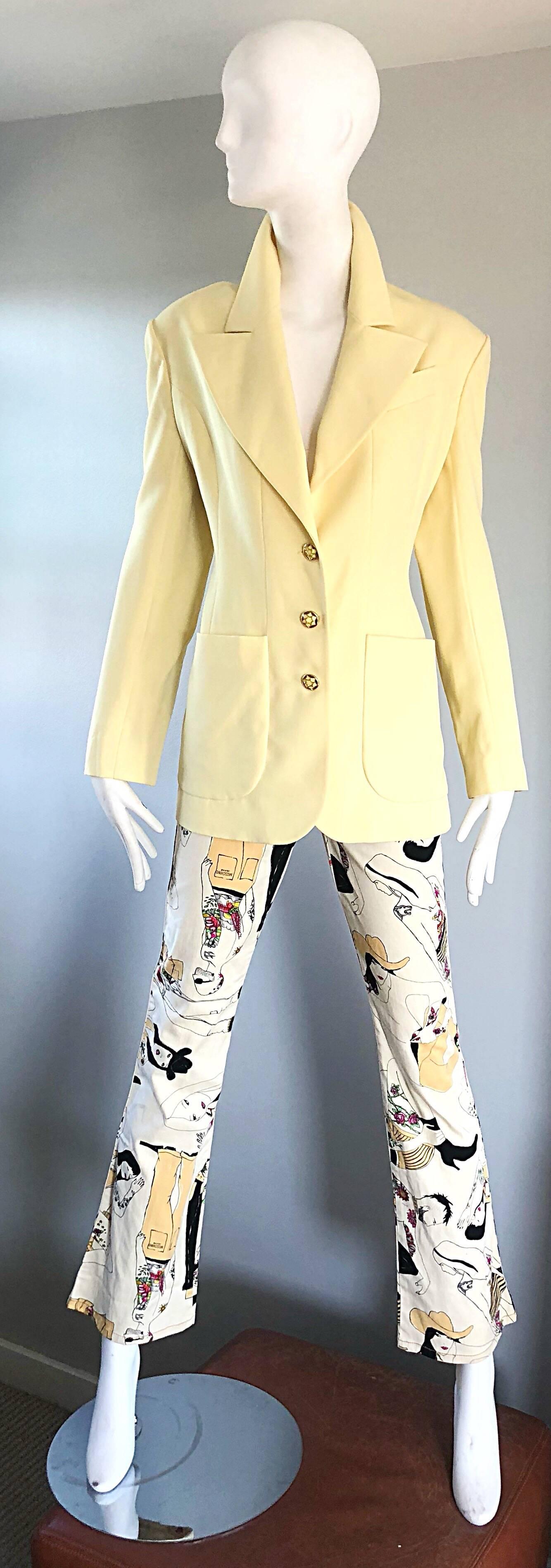 Beige Moschino Vintage Flare Leg Novelty Print Size 26 Trousers Jeans, 1990s For Sale