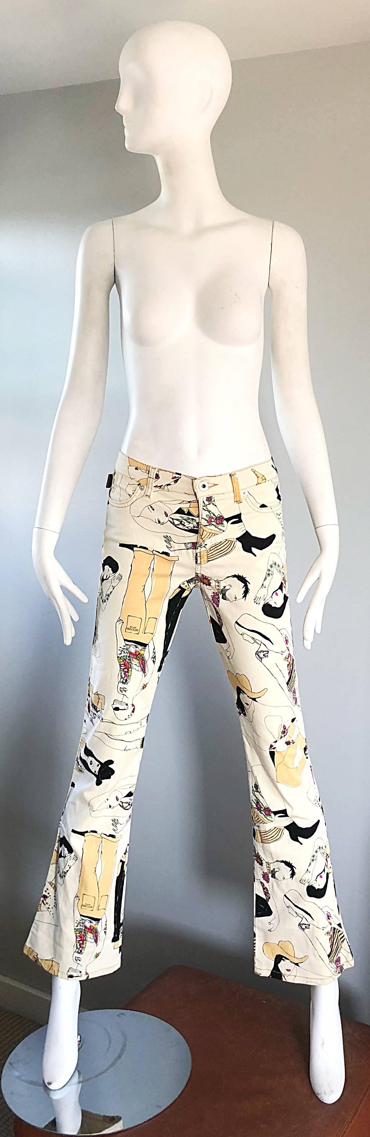 Moschino Vintage Flare Leg Novelty Print Size 26 Trousers Jeans, 1990s For Sale 1