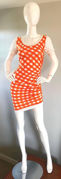Vintage Moschino Cheap & Chic 1990s Orange + White Gingham Bodycon 90s Dress