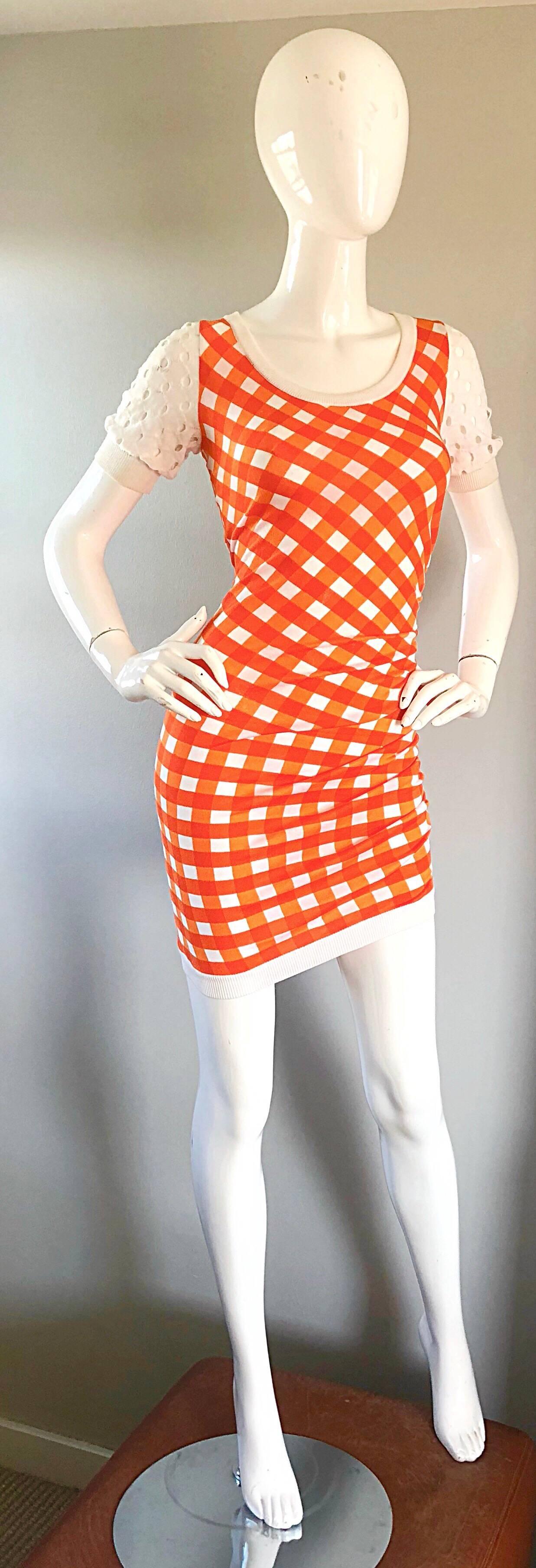 Red Vintage Moschino Cheap & Chic 1990s Orange + White Gingham Bodycon 90s Dress