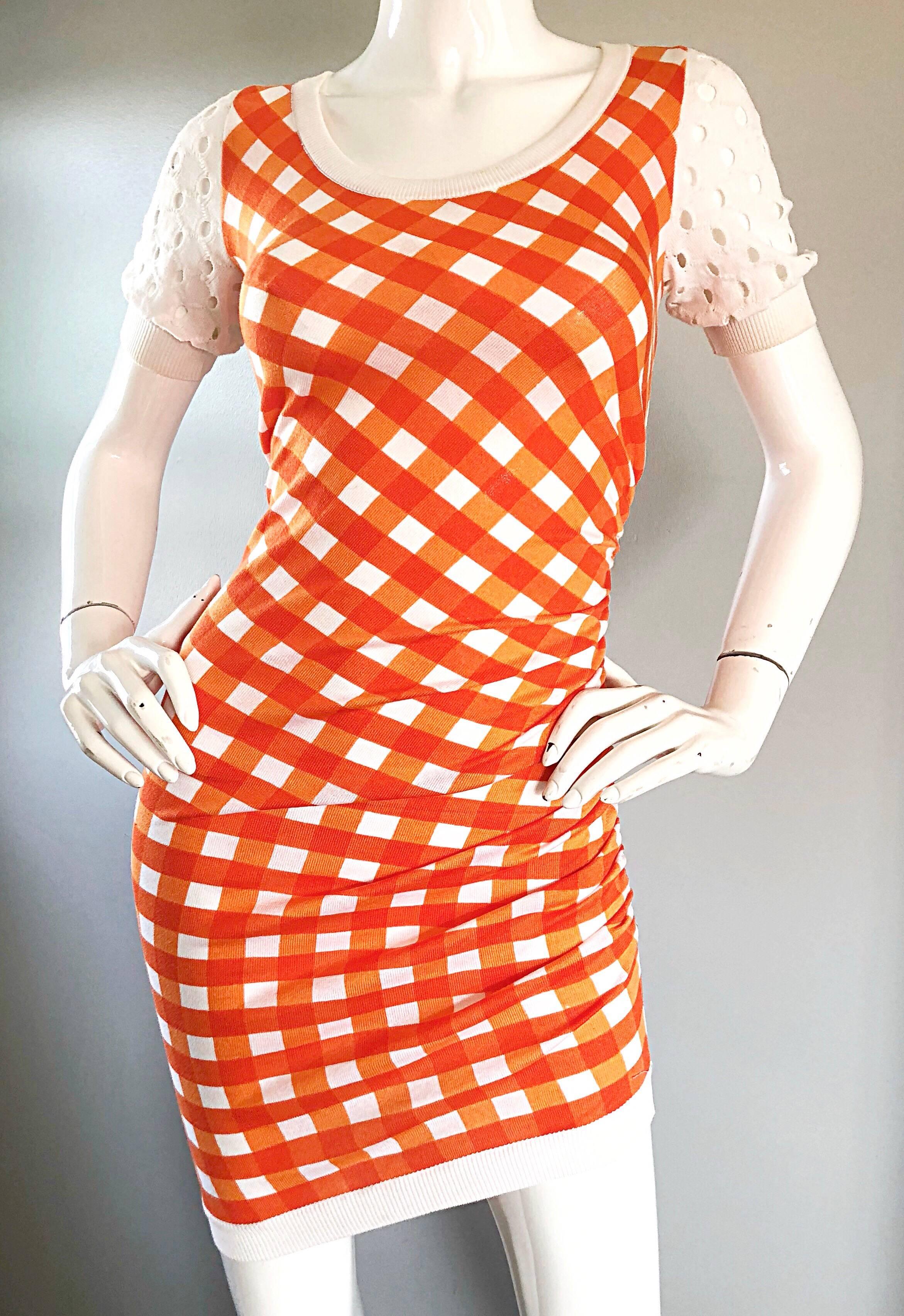 Vintage Moschino Cheap & Chic 1990s Orange + White Gingham Bodycon 90s Dress In Excellent Condition In San Diego, CA