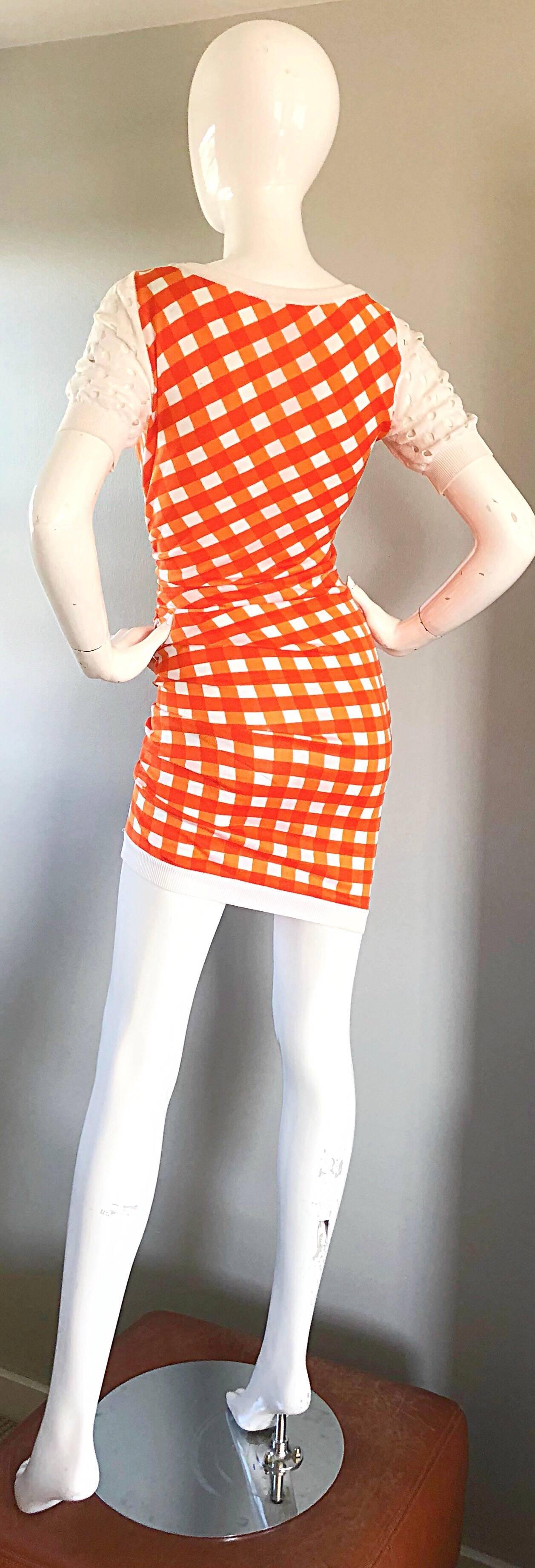 Women's Vintage Moschino Cheap & Chic 1990s Orange + White Gingham Bodycon 90s Dress