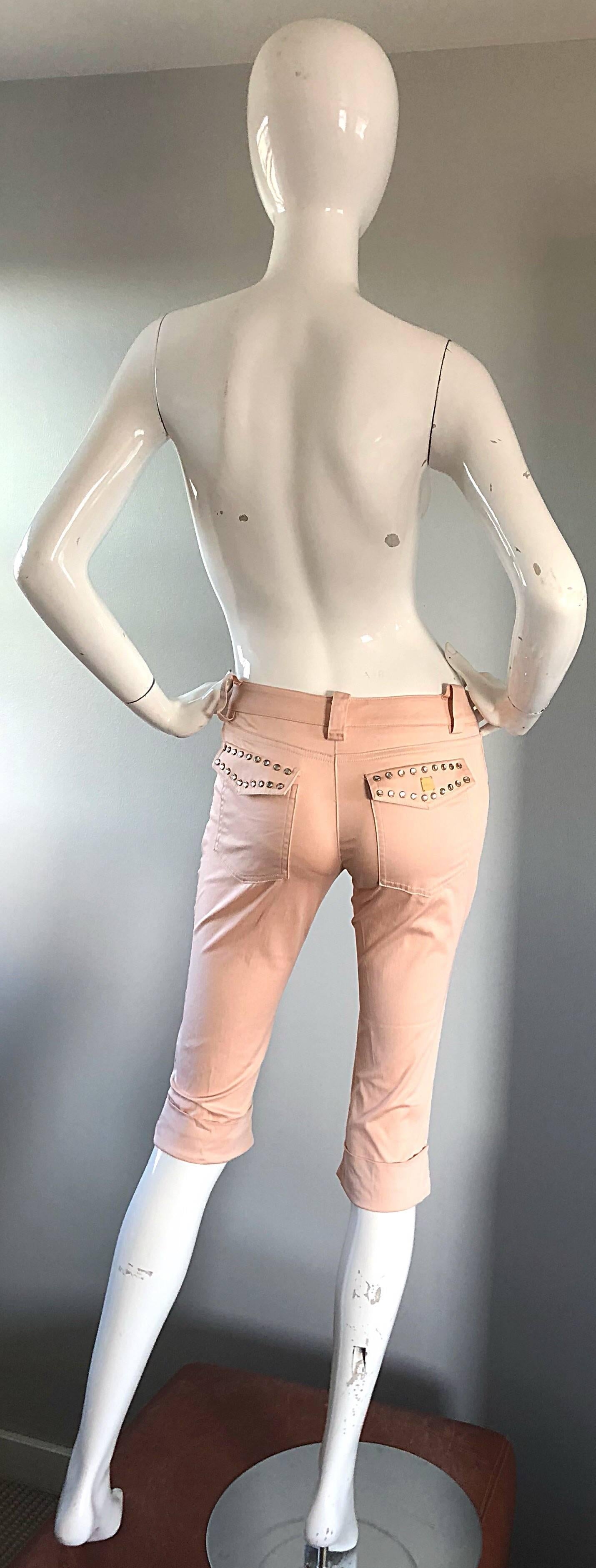 Beige 1990s Alexander McQueen Light Pink Rhinestone Studded Rare Capri Pants Shorts