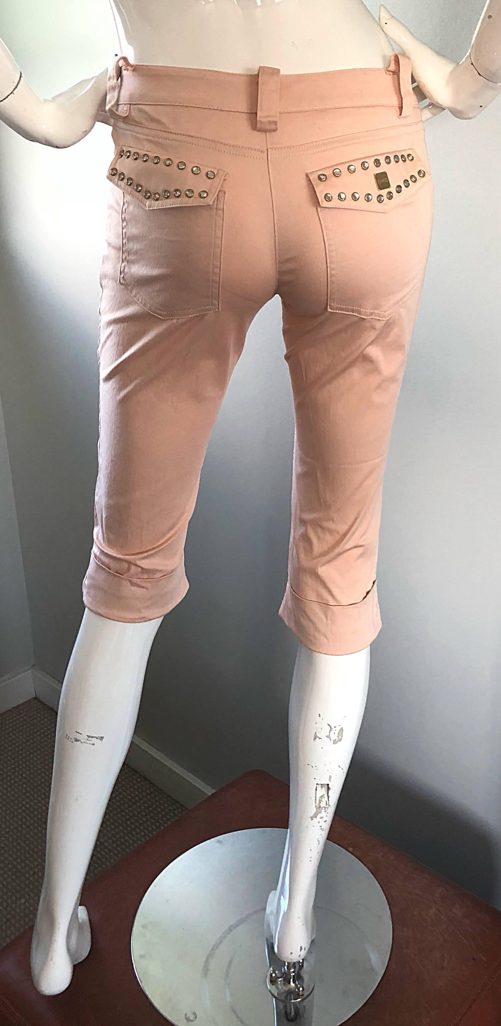 1990s Alexander McQueen Light Pink Rhinestone Studded Rare Capri Pants Shorts 2