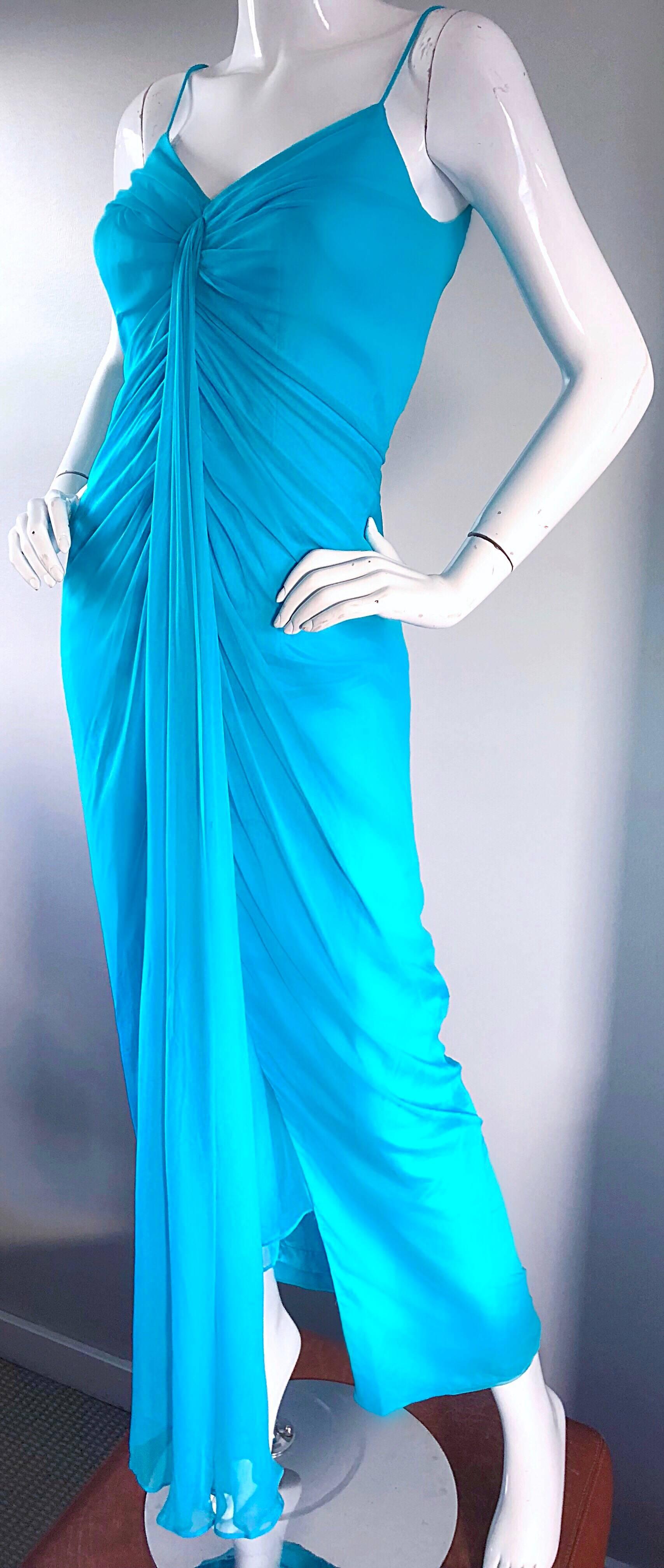 1970s Lilli Diamond Turquoise Blue Silk Chiffon Grecian Style 70s Evening Gown In Excellent Condition In San Diego, CA