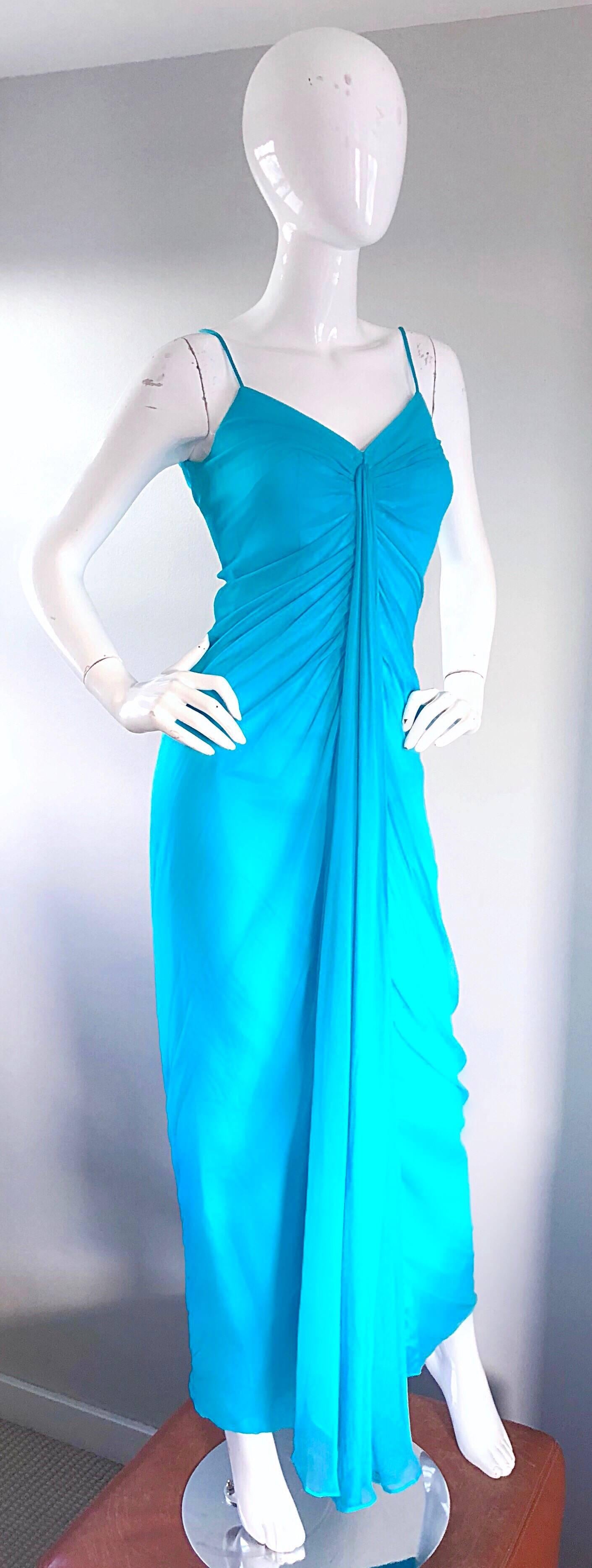 Women's 1970s Lilli Diamond Turquoise Blue Silk Chiffon Grecian Style 70s Evening Gown
