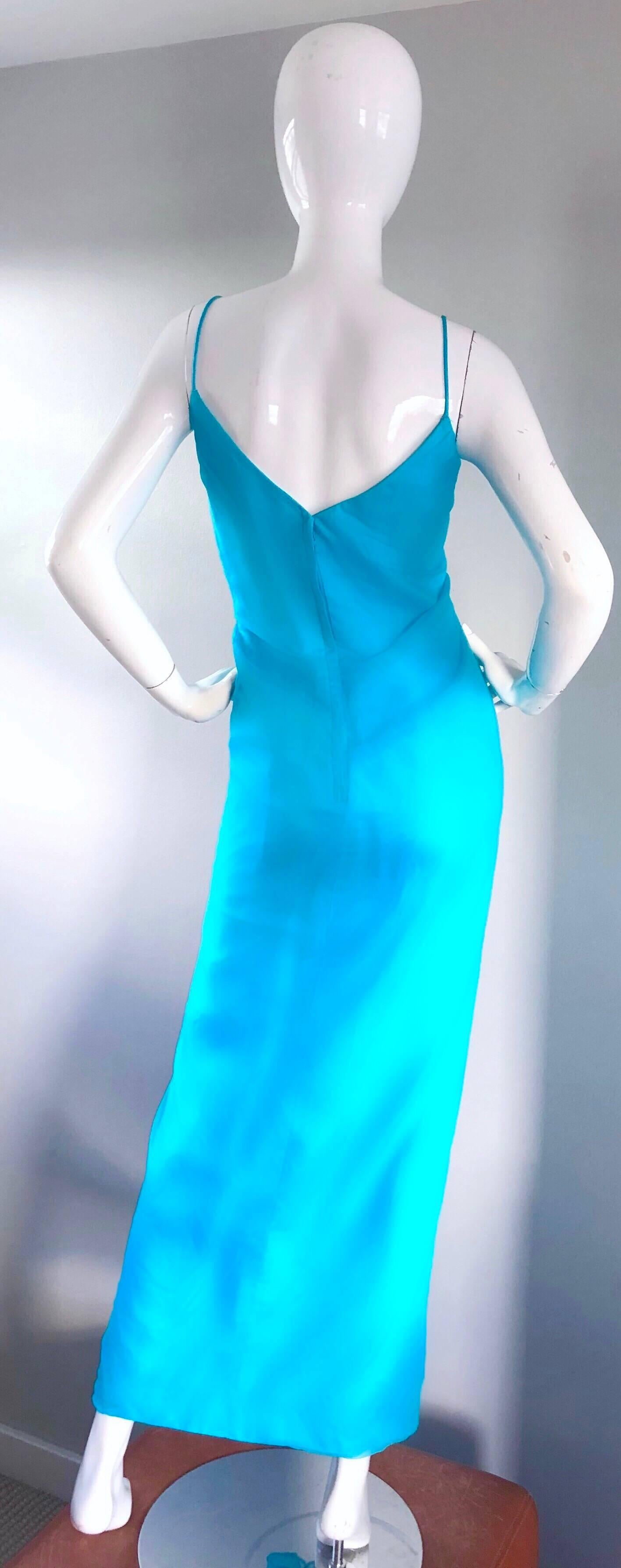 1970s Lilli Diamond Turquoise Blue Silk Chiffon Grecian Style 70s Evening Gown 1