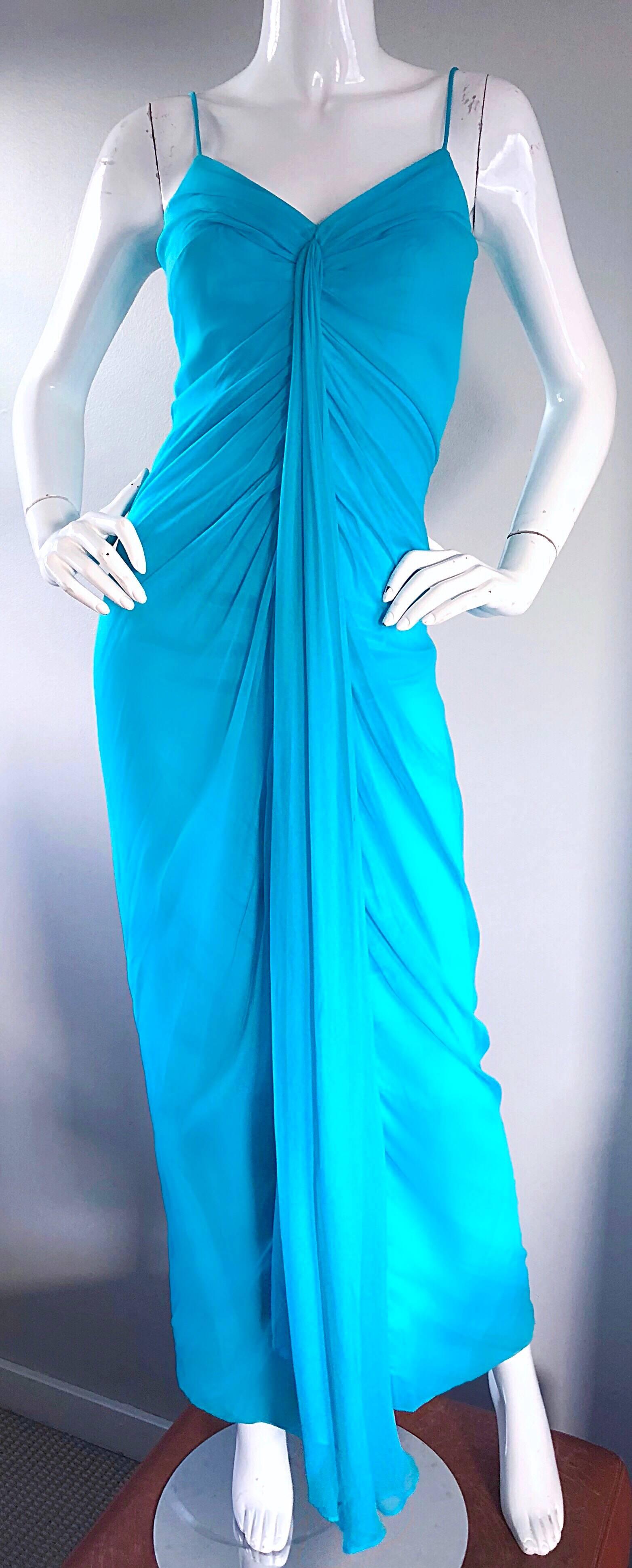 1970s Lilli Diamond Turquoise Blue Silk Chiffon Grecian Style 70s Evening Gown 2