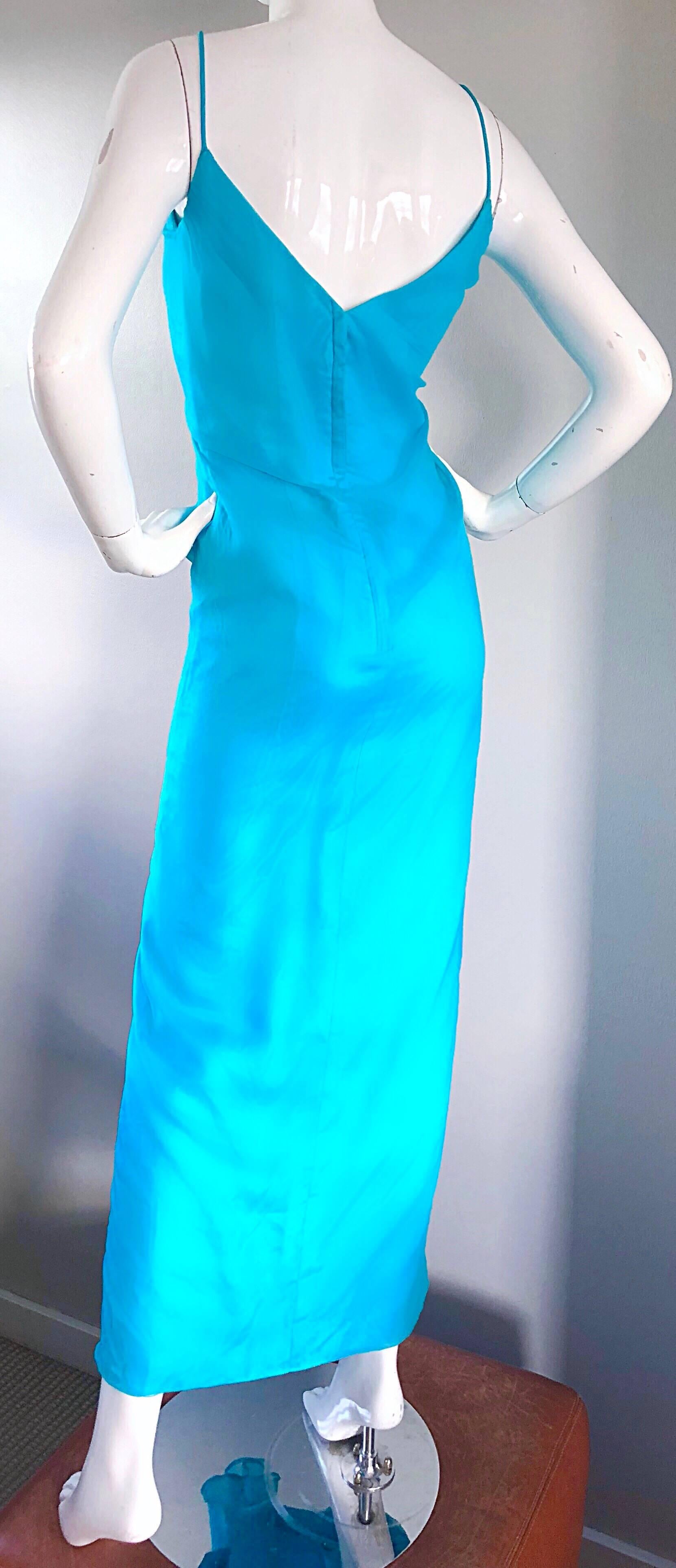 1970s Lilli Diamond Turquoise Blue Silk Chiffon Grecian Style 70s Evening Gown 3
