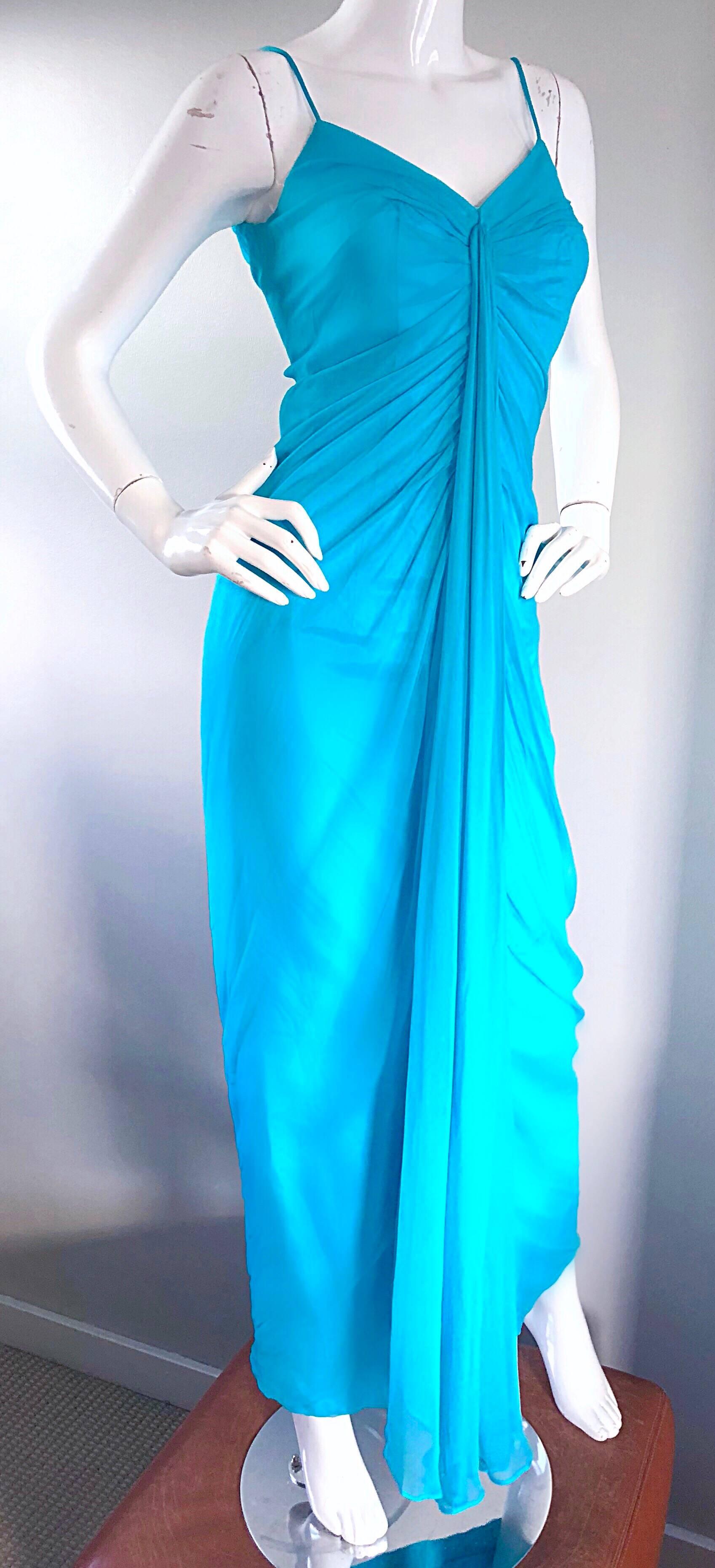 1970s Lilli Diamond Turquoise Blue Silk Chiffon Grecian Style 70s Evening Gown 4