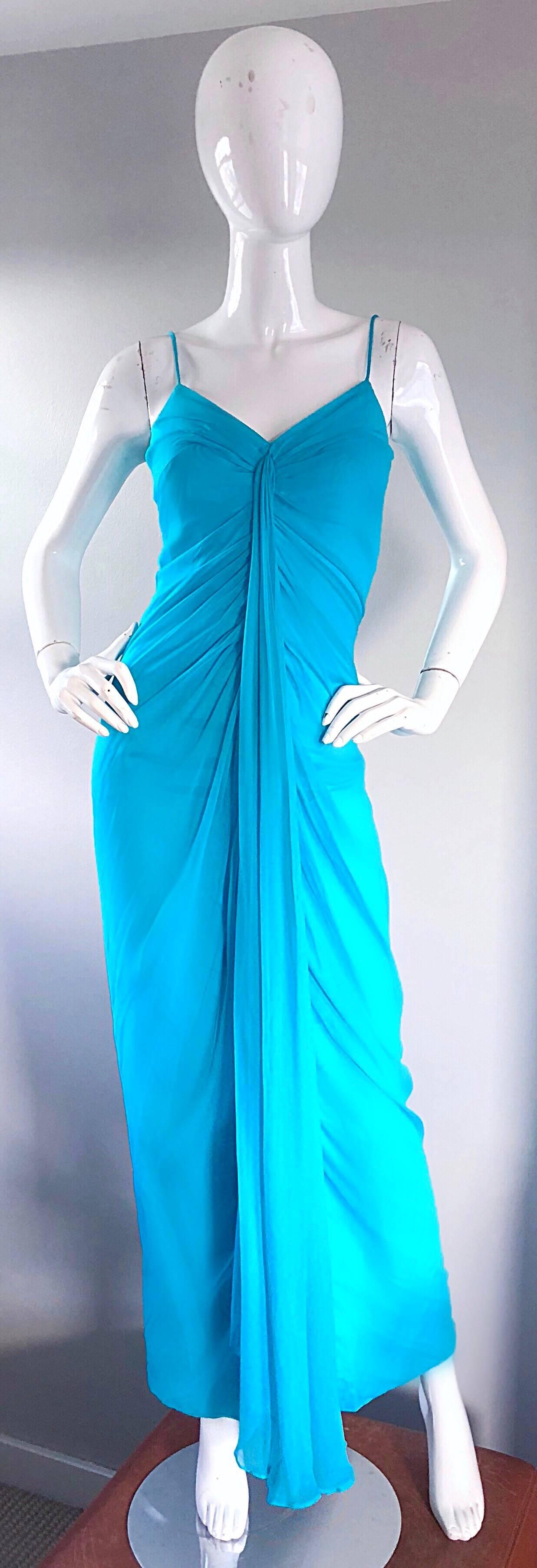 1970s Lilli Diamond Turquoise Blue Silk Chiffon Grecian Style 70s Evening Gown 5
