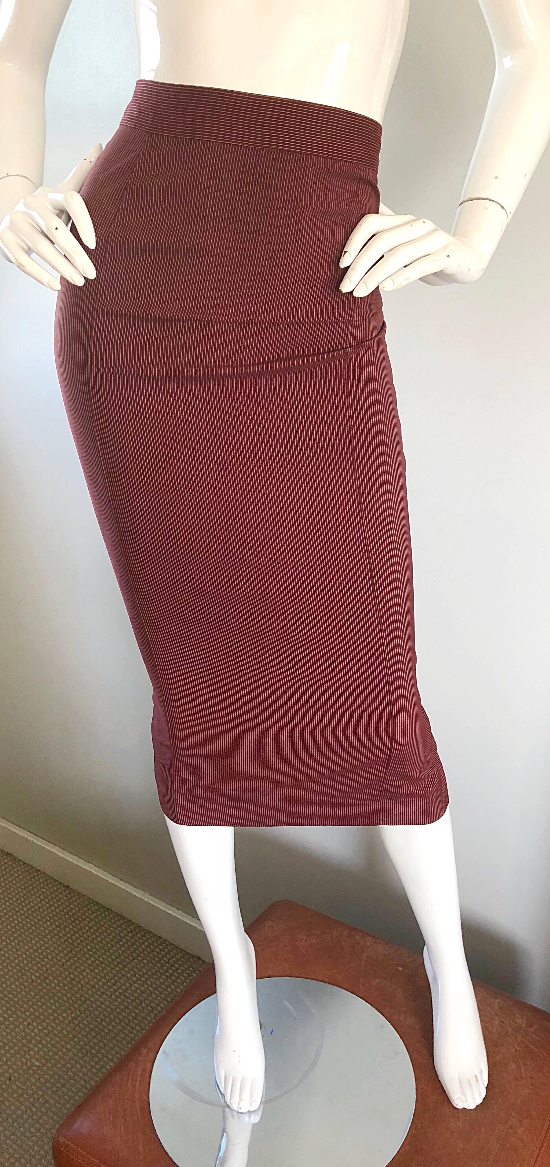 Sexy, yet classic early 1990s vintage JEAN PAUL GAULTIER burgundy / maroon pinstriped high waisted bodycon pencil skirt! Same one worn by Madonna on the 