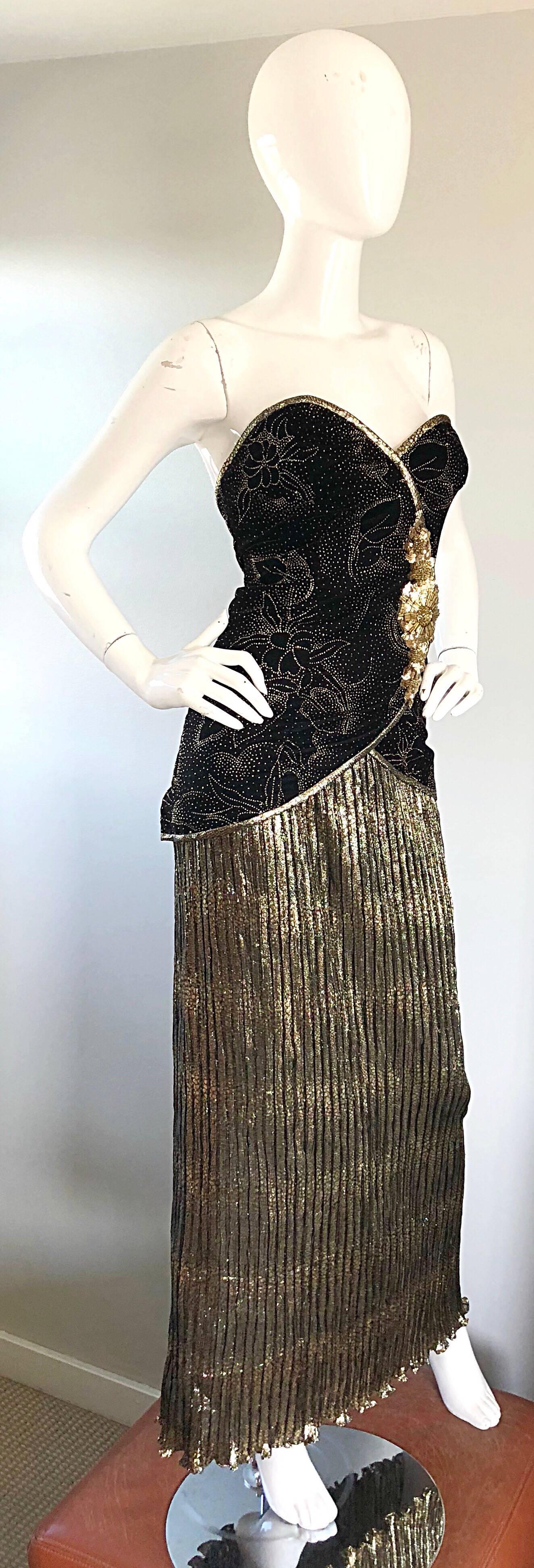 Women's 1980s Black + Gold Silk Velvet Plisse Strapless Beaded A.J. Bari Vintage Gown For Sale