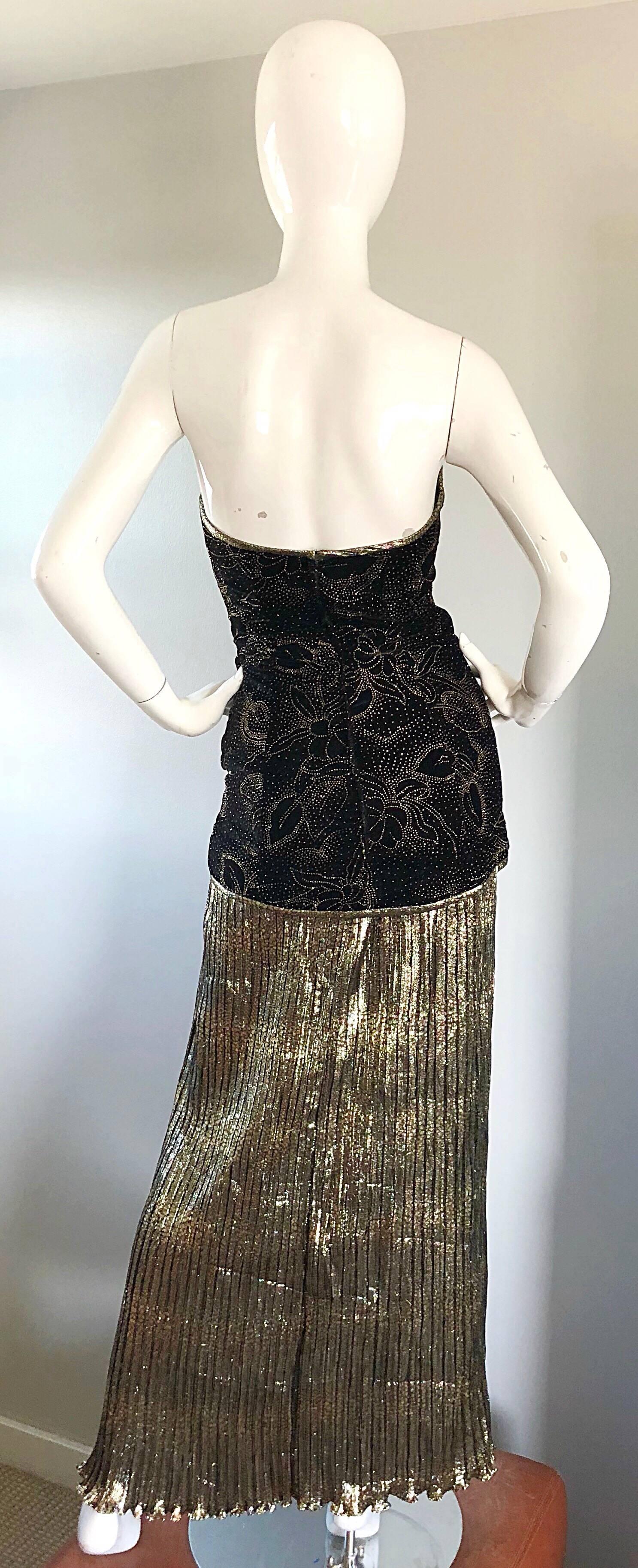 1980s Black + Gold Silk Velvet Plisse Strapless Beaded A.J. Bari Vintage Gown For Sale 1