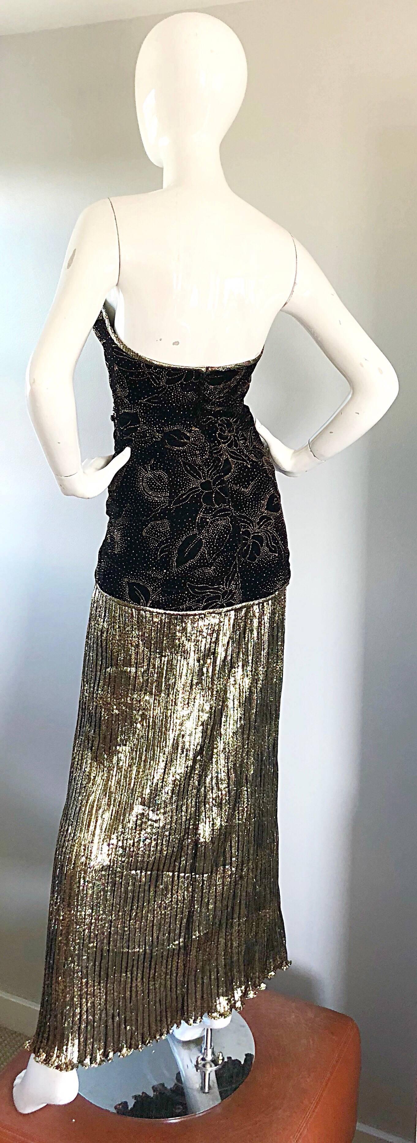 1980s Black + Gold Silk Velvet Plisse Strapless Beaded A.J. Bari Vintage Gown For Sale 3
