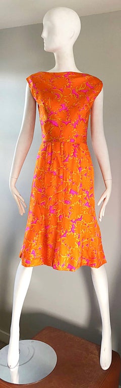 Early 1960s Neon Orange + Hot Pink Silk Boat Neck Draped Back A Line 60s Dress